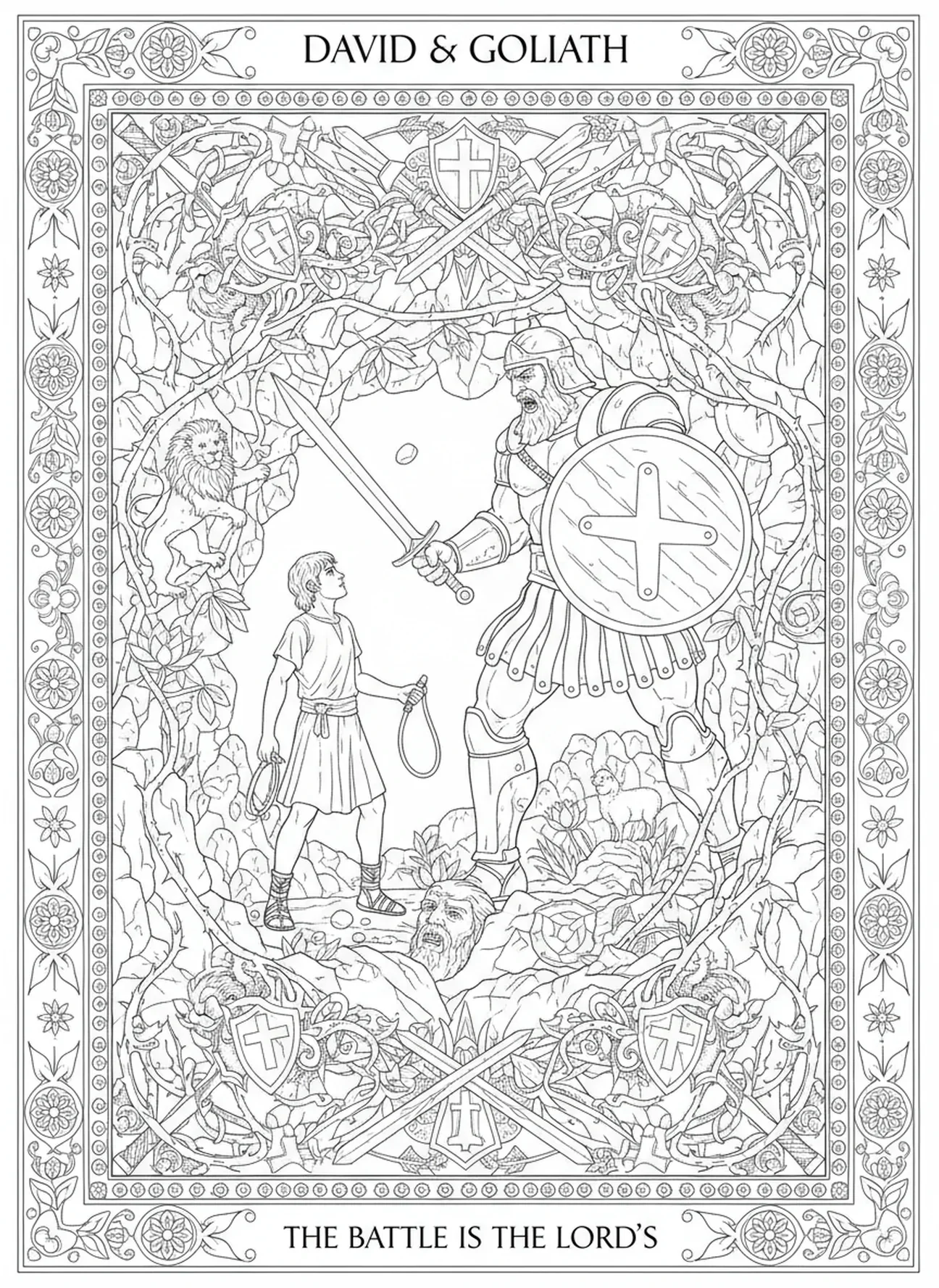 Confronto entre Davi e Golias, página para colorir Davi Golias Davi Escolhendo Pedras no estilo de journaling bíblico para adultos.