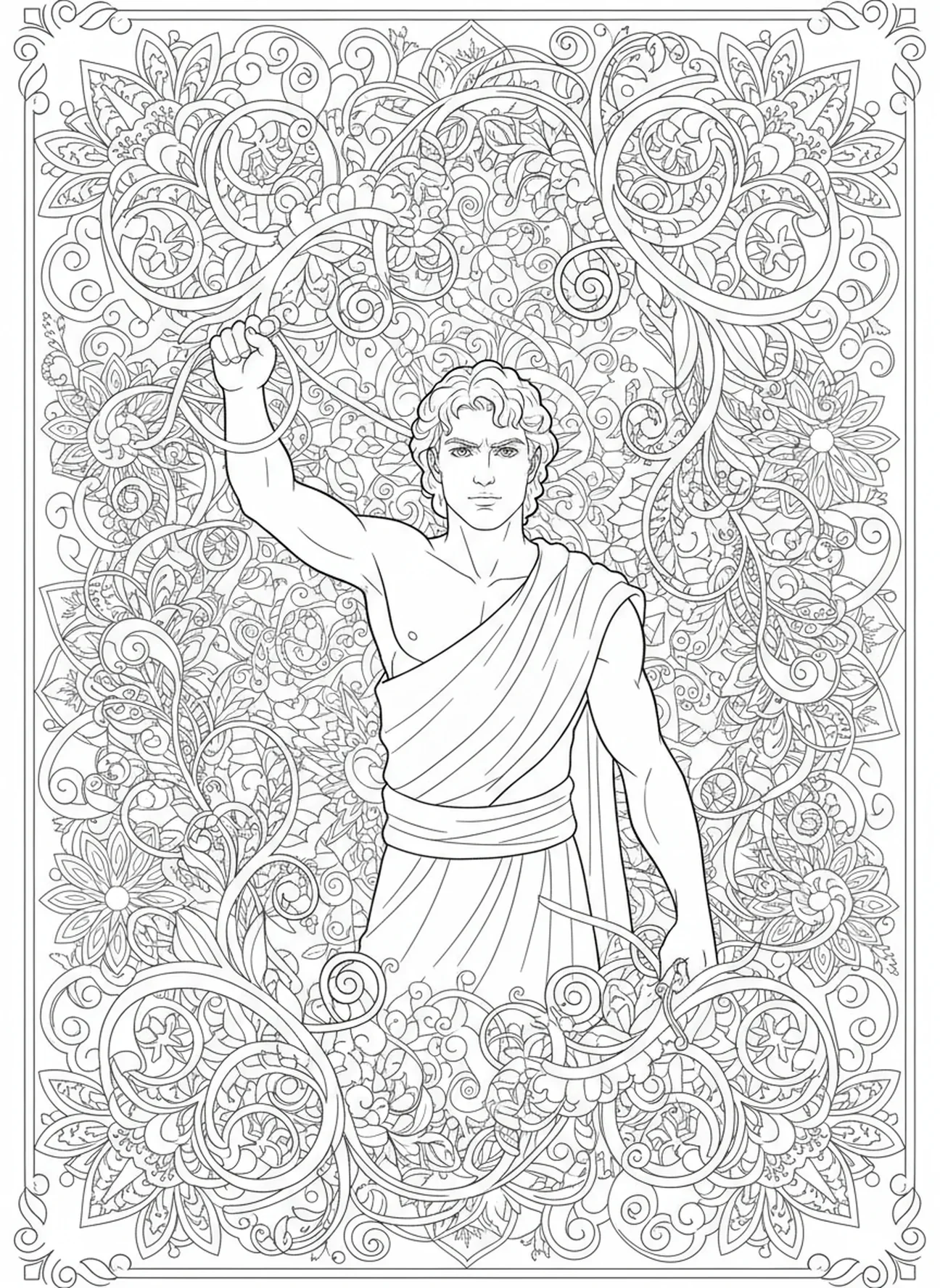 Davi com funda, Davi e Golias, página de colorir para adultos no estilo de journaling bíblico.