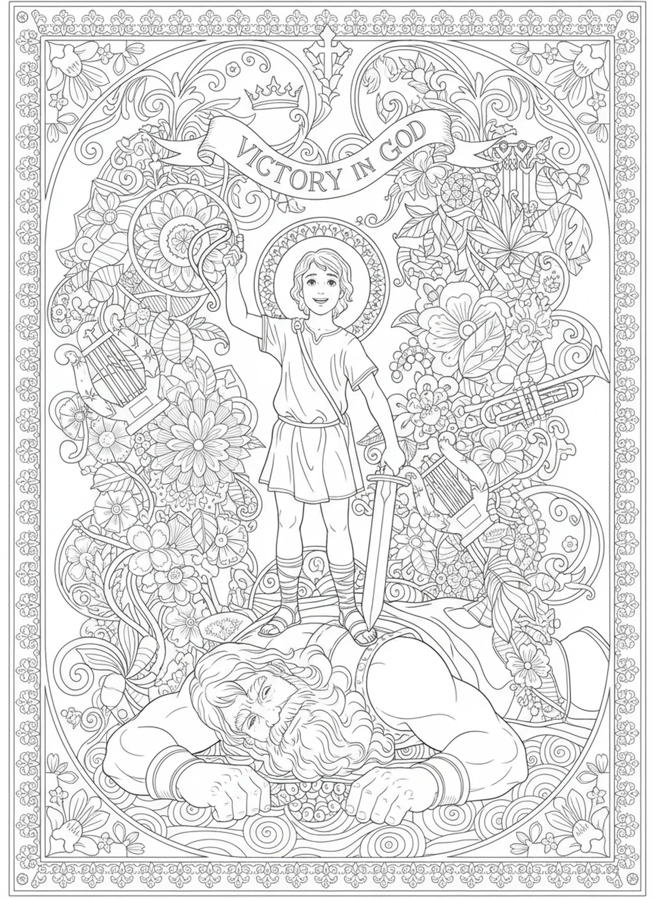 Celebração da vitória de Davi, página para colorir Davi e Golias, estilo de journaling bíblico para adultos.