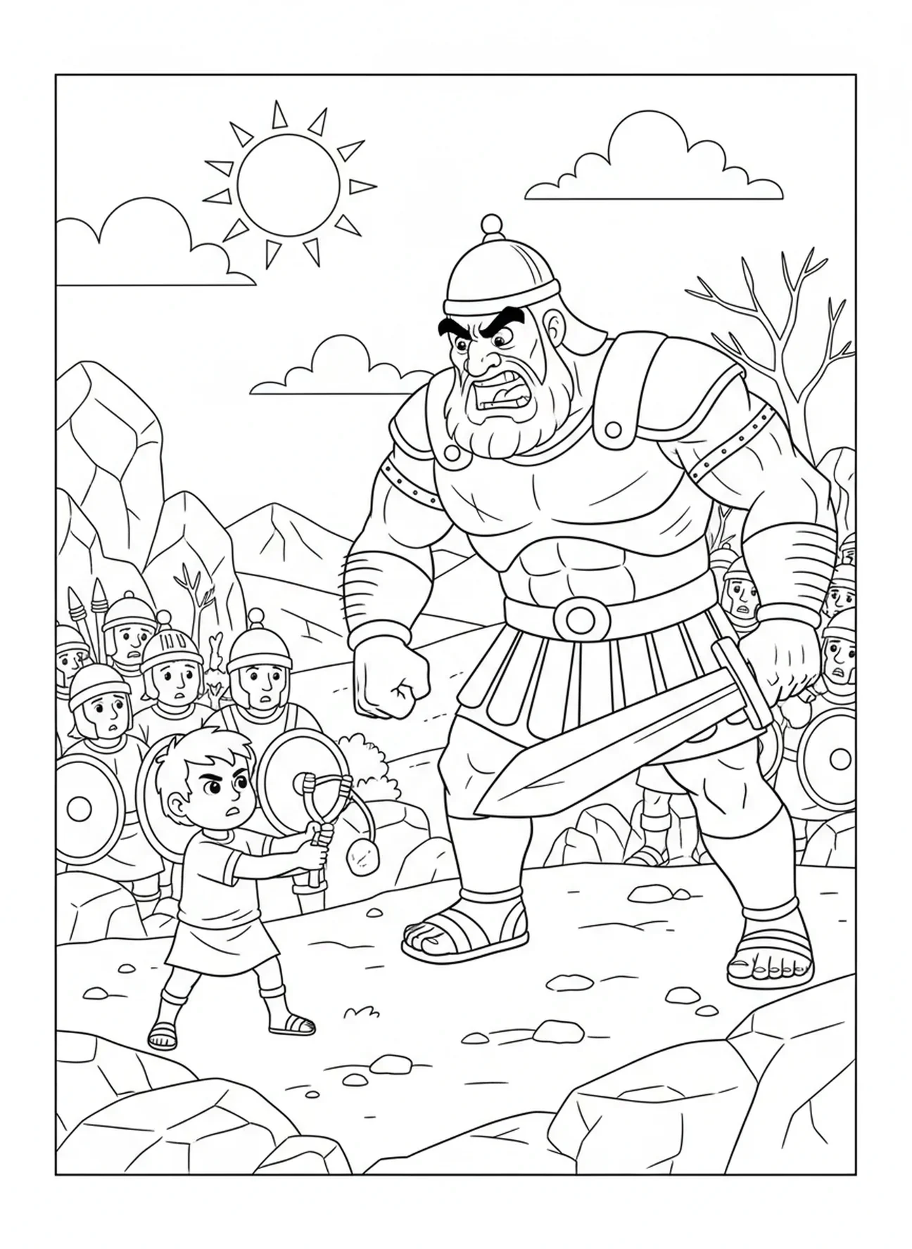 Davi e Golias no campo de batalha, página para colorir Davi Golias Davi Escolhendo Pedras para crianças de 5 a 10 anos.