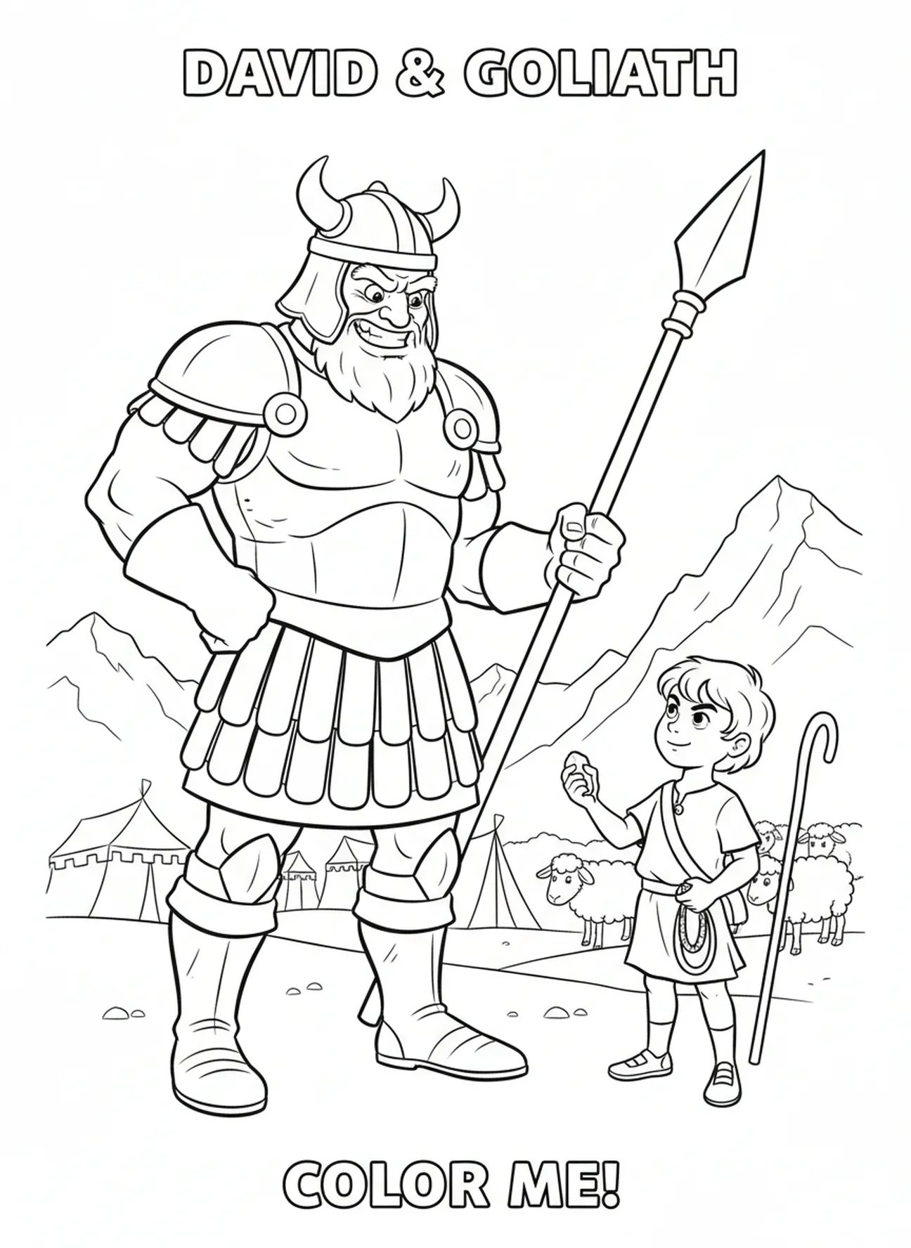Golias em armadura pesada, Davi escolhendo pedras, página para colorir para crianças de 5 a 10 anos.