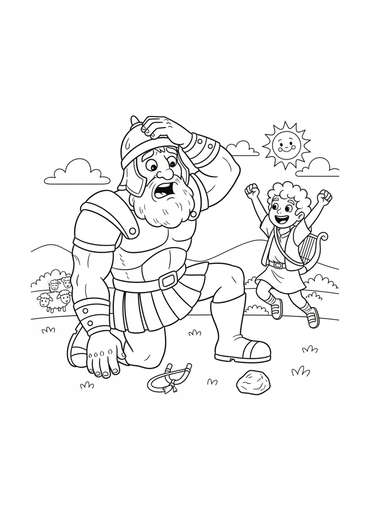 Goliath caindo, página de colorir David e Golias para crianças de 5 a 10 anos.