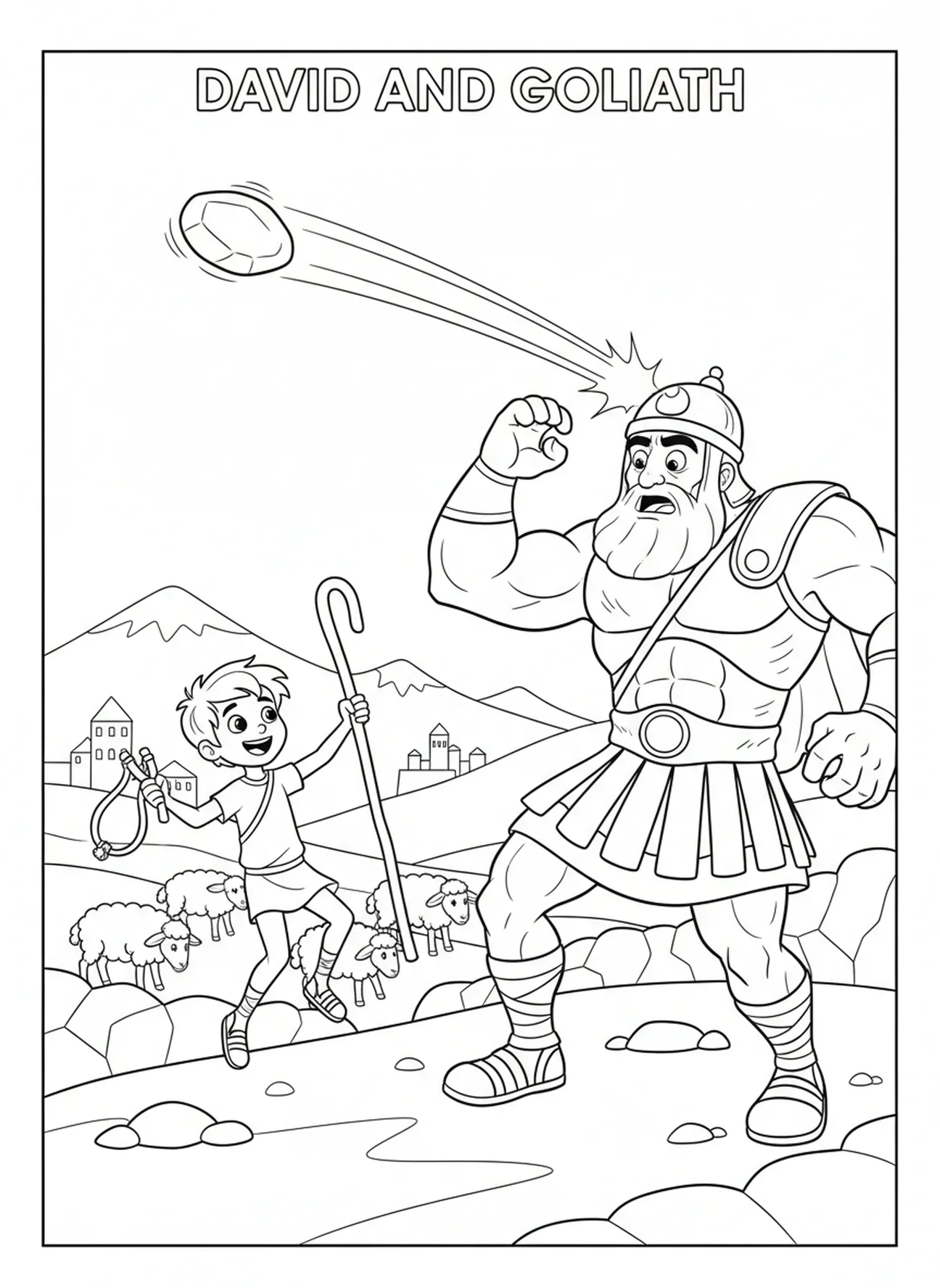 Pedra atingindo Golias, página para colorir David e Golias, David escolhendo pedras para crianças de 5 a 10 anos.