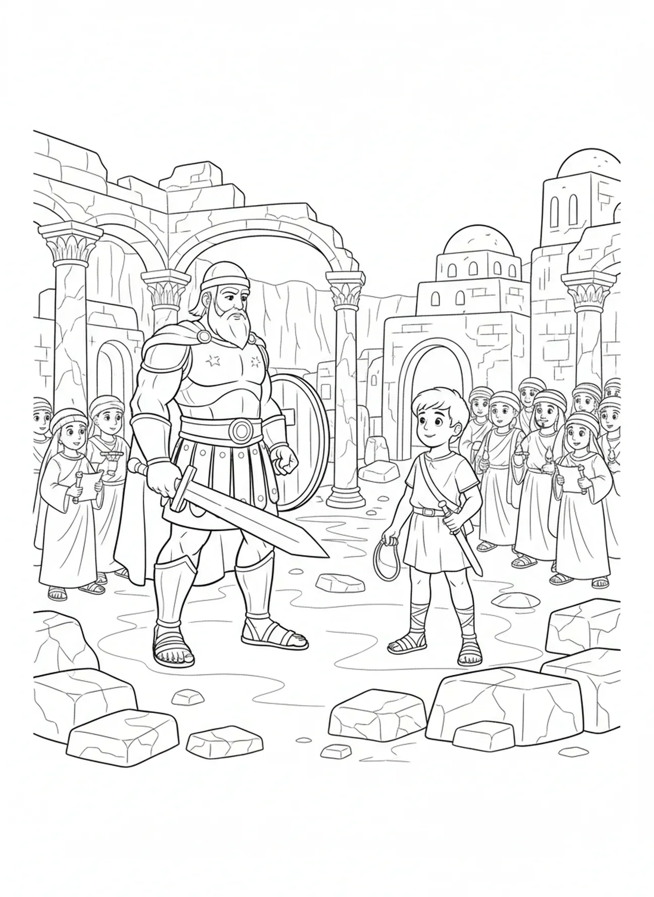 David und Goliath stehen sich gegenüber, David wählt Steine, Ausmalbild für die Sonntagsschule für Kinder im Alter von 5-12 Jahren