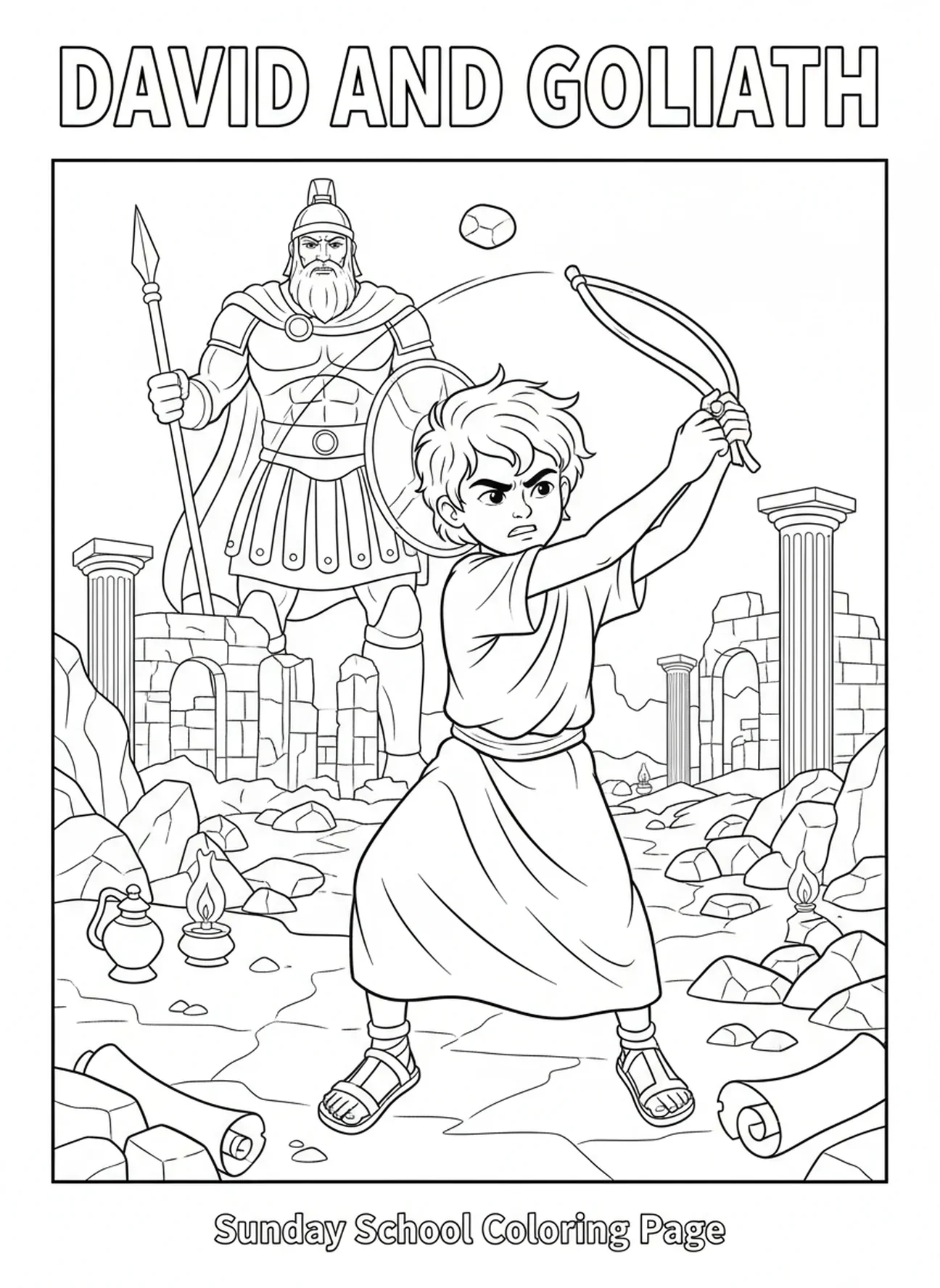 David schwingt seine Schleuder, David Goliath David wählt Steine Ausmalbild für die Sonntagsschule Kinder im Alter von 5-12 Jahren