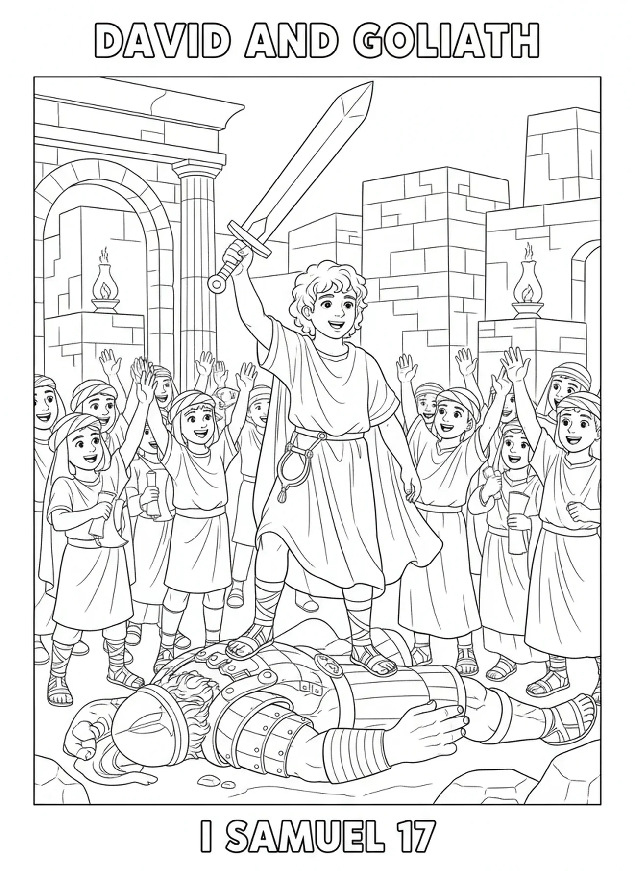 David steht triumphierend mit dem Schwert, David Goliath David wählt Steine Ausmalbild für die Sonntagsschule für Kinder im Alter von 5-12 Jahren