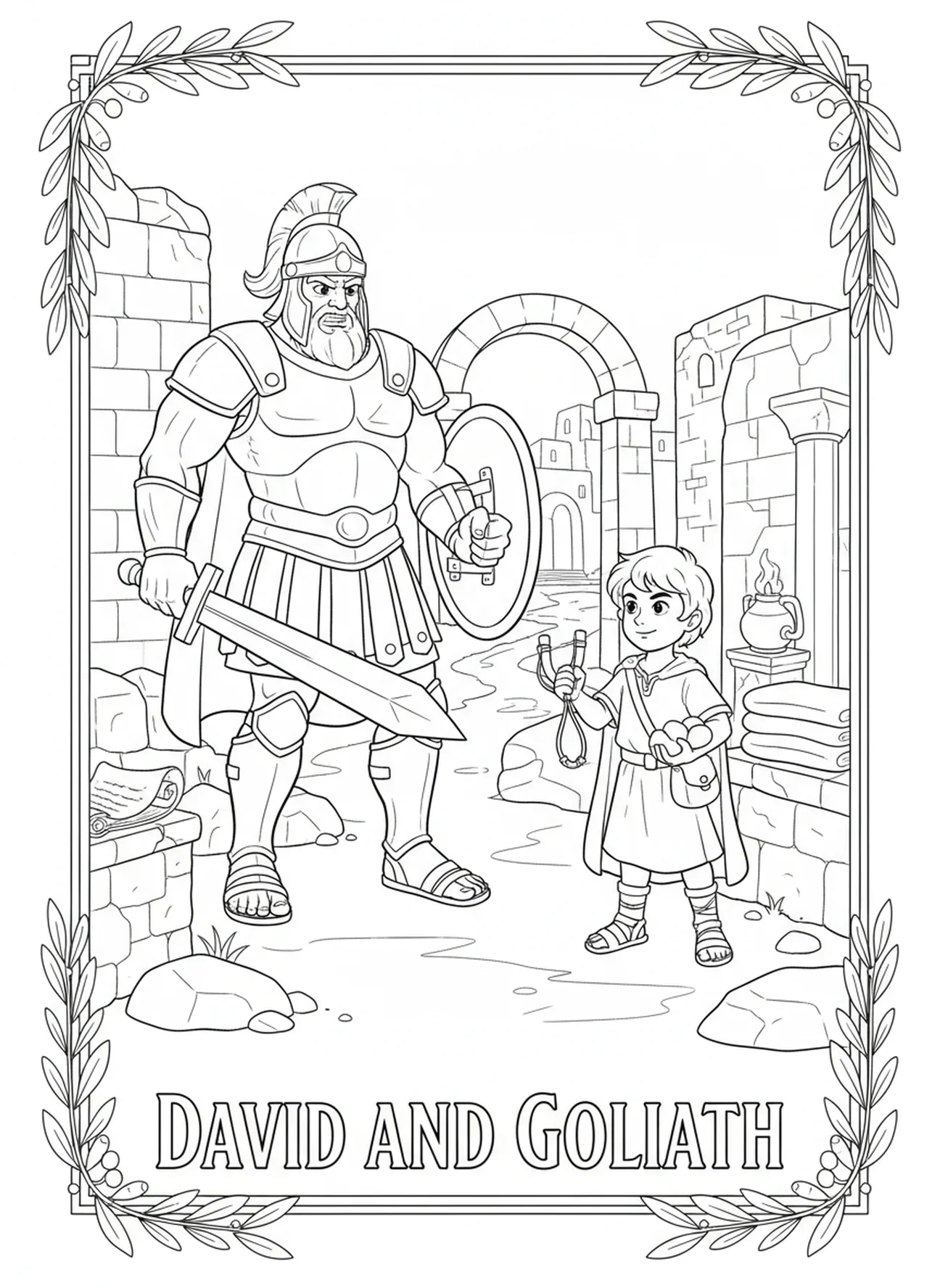 Goliath in schwerer Rüstung, David Goliath David Wählt Steine Ausmalbild für Sonntagsschulkinder im Alter von 5-12 Jahren