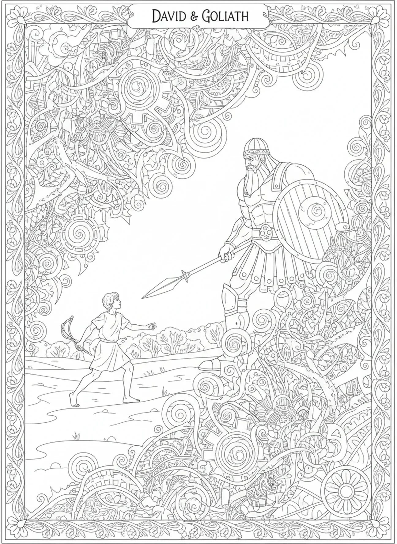 Davi se aproximando de Golias, página para colorir Davi Golias Davi Pastor com Ovelhas no estilo de journaling bíblico para adultos