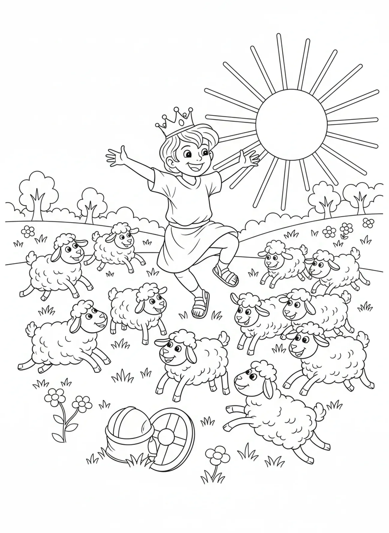 Davi dançando com ovelhas, Davi e Golias, página para colorir de Davi Pastor com Ovelhas para crianças de 5 a 10 anos.