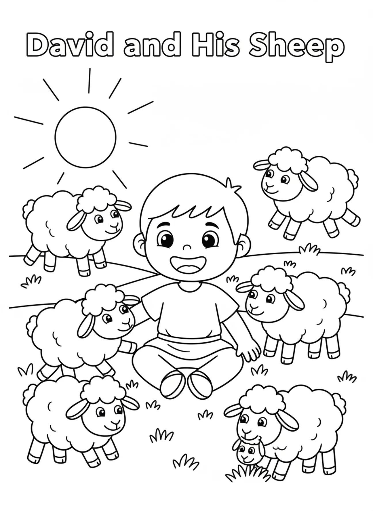 David sentado con ovejas felices, David y Goliat, página para colorear de David el Pastor con ovejas para niños de 3 a 5 años