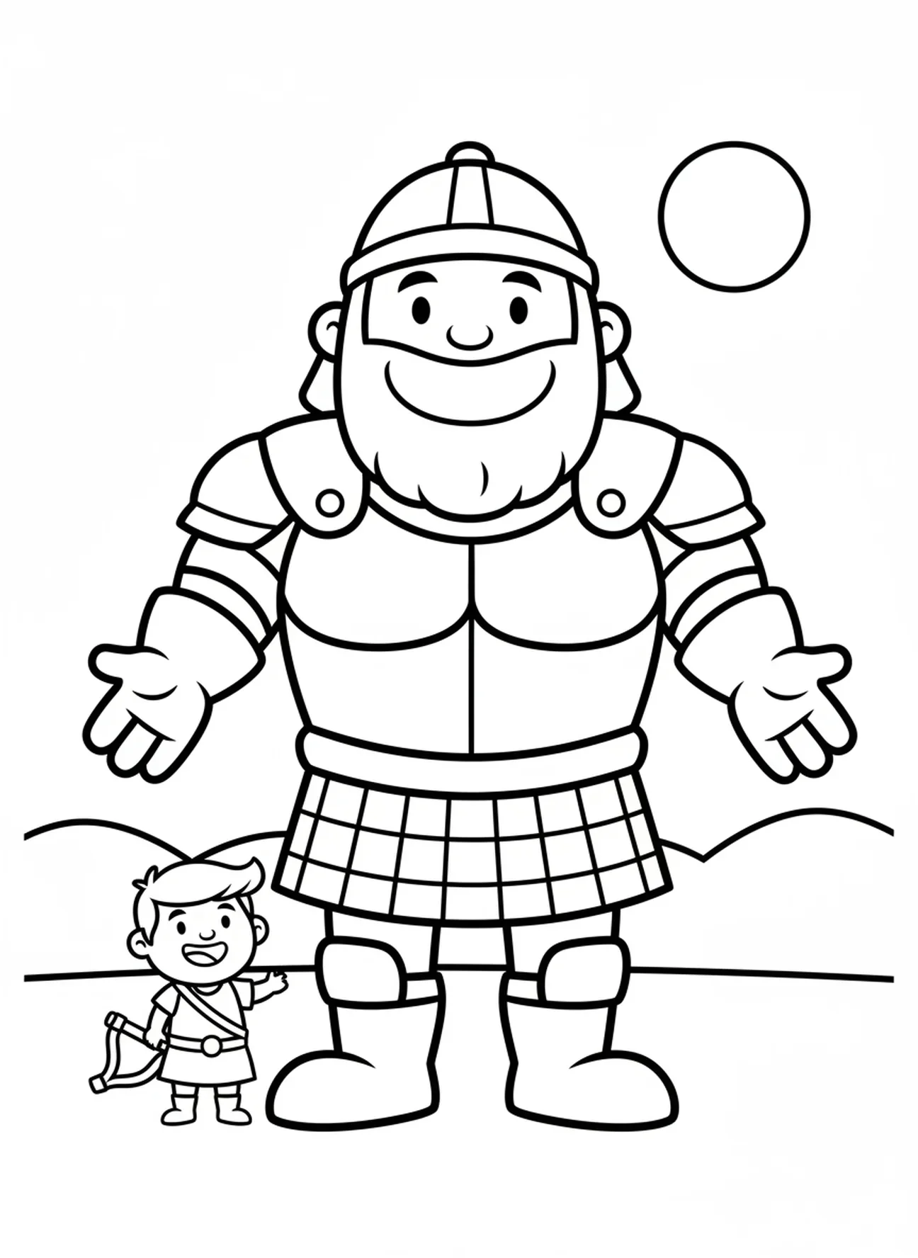 Goliat en armadura gigante, David y Goliat, página para colorear de David el pastor con ovejas para niños de 3 a 5 años