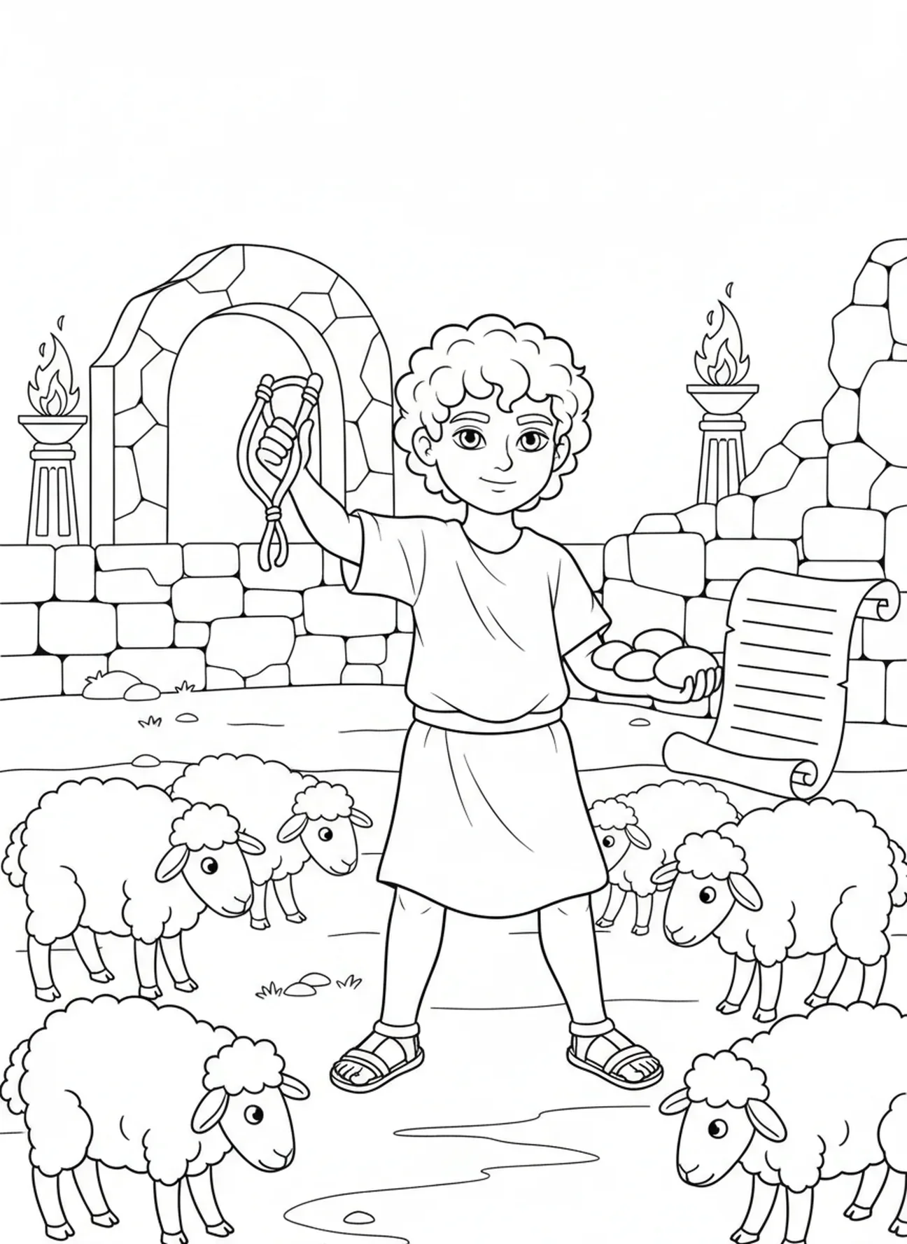 David sosteniendo su honda con cinco piedras, página para colorear de David y Goliat, David el Pastor con Ovejas para niños de Escuela Dominical de 5 a 12 años.