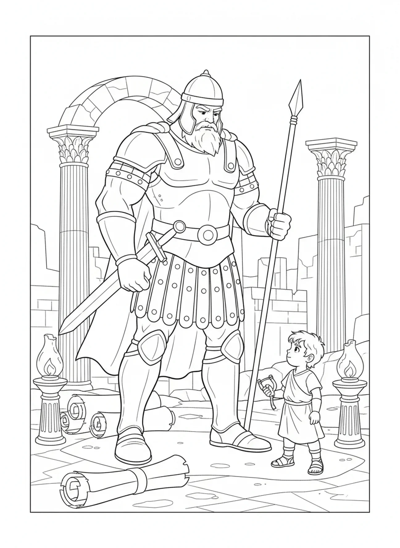 Goliat con armadura pesada que se eleva sobre el joven David, página para colorear de David y Goliat, David pastor con ovejas para niños de Escuela Dominical de 5 a 12 años.