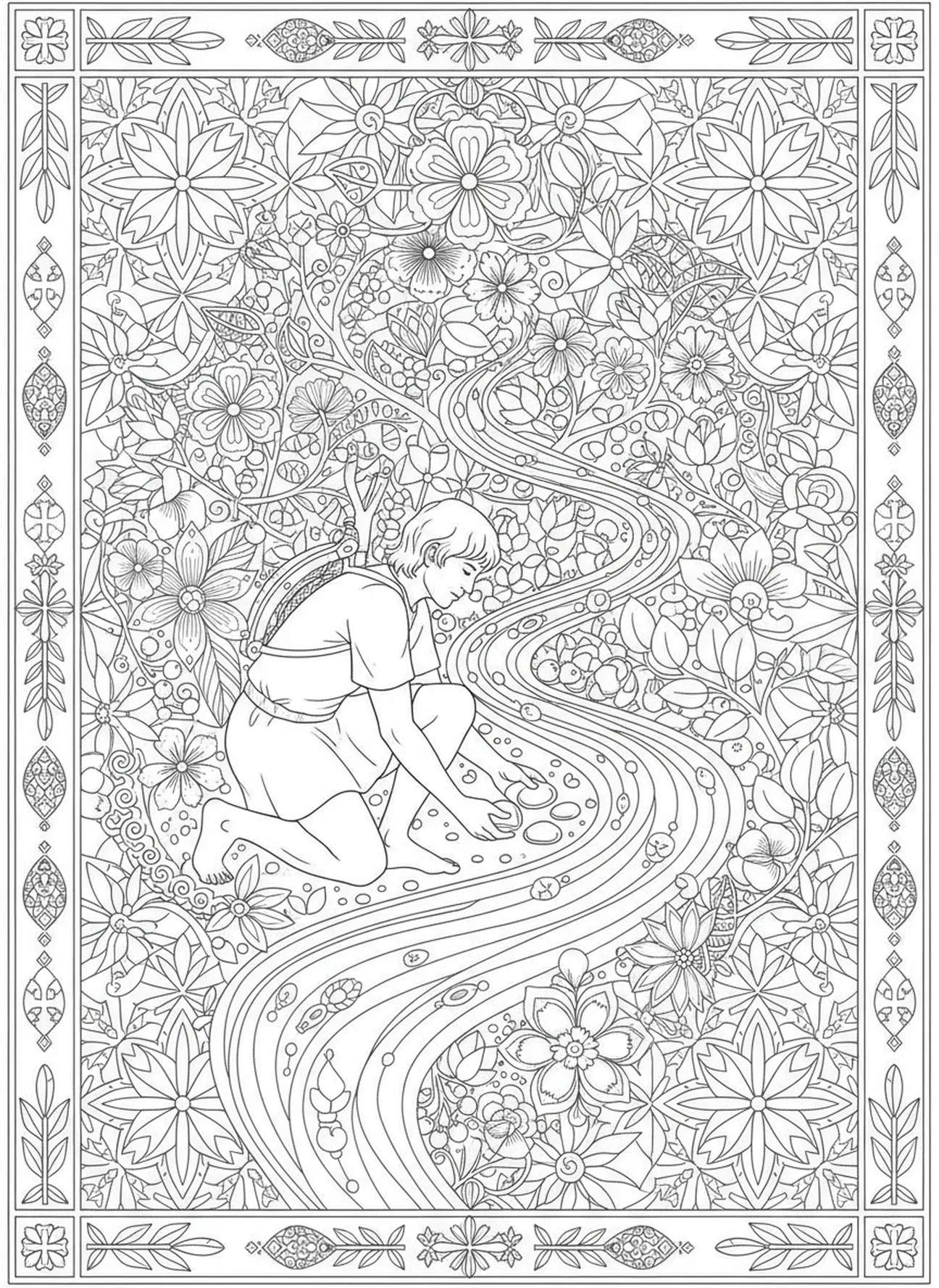Davi selecionando pedras, Davi e Golias, página para colorir Davi lançando a funda no estilo de diário bíblico para adultos.