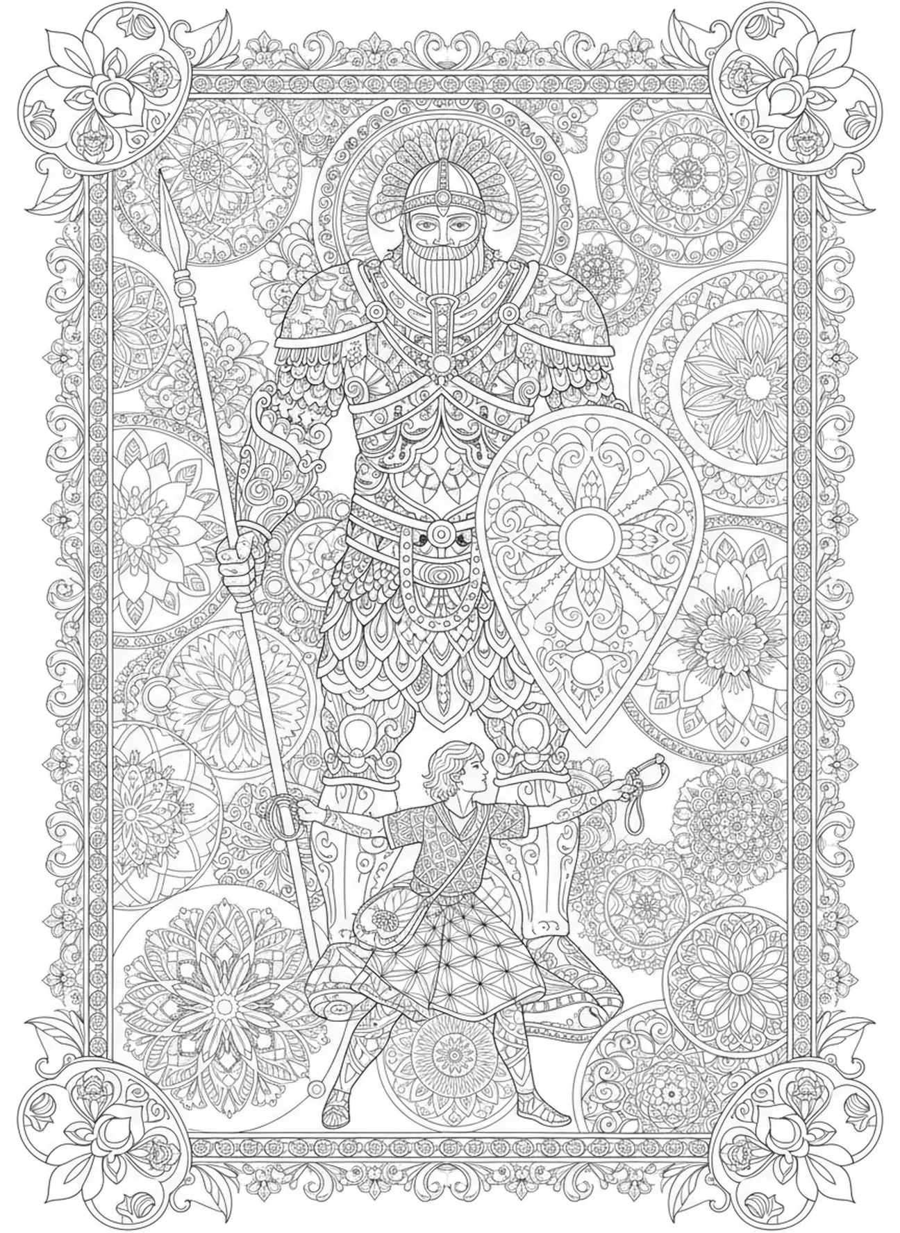 Golias em armadura, Davi e Golias, página para colorir de Davi lançando a funda, estilo de journaling bíblico para adultos.