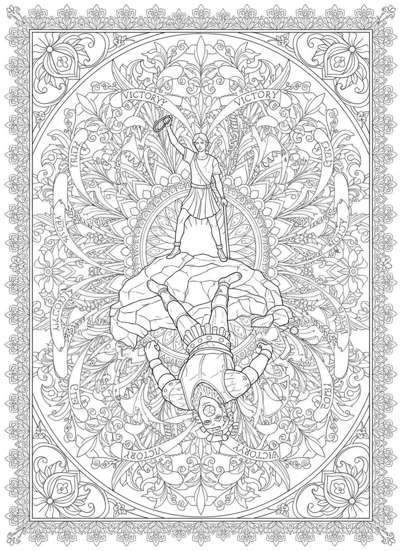 Goliath caindo, Davi derrotando Goliath, página de colorir para adultos no estilo de journaling bíblico.