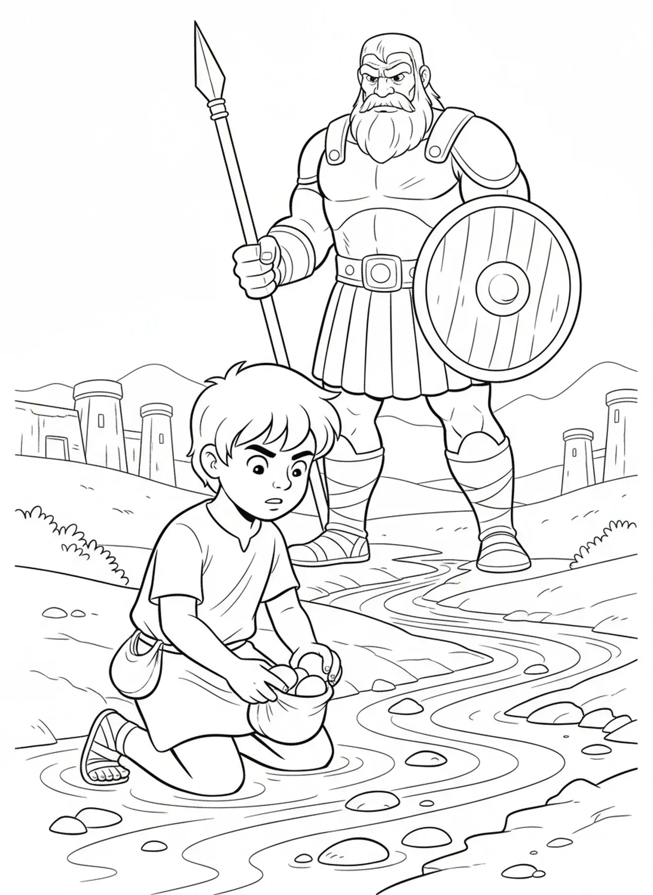 Davi coletando pedras perto do riacho, Davi e Golias, página de colorir de Davi arremessando a funda para crianças de 5 a 10 anos.