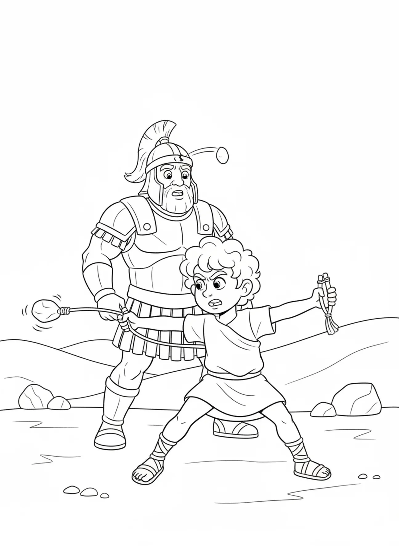 Davi lançando uma pedra em Golias, página para colorir Davi Golias Davi Jogando Funda para crianças de 5 a 10 anos.