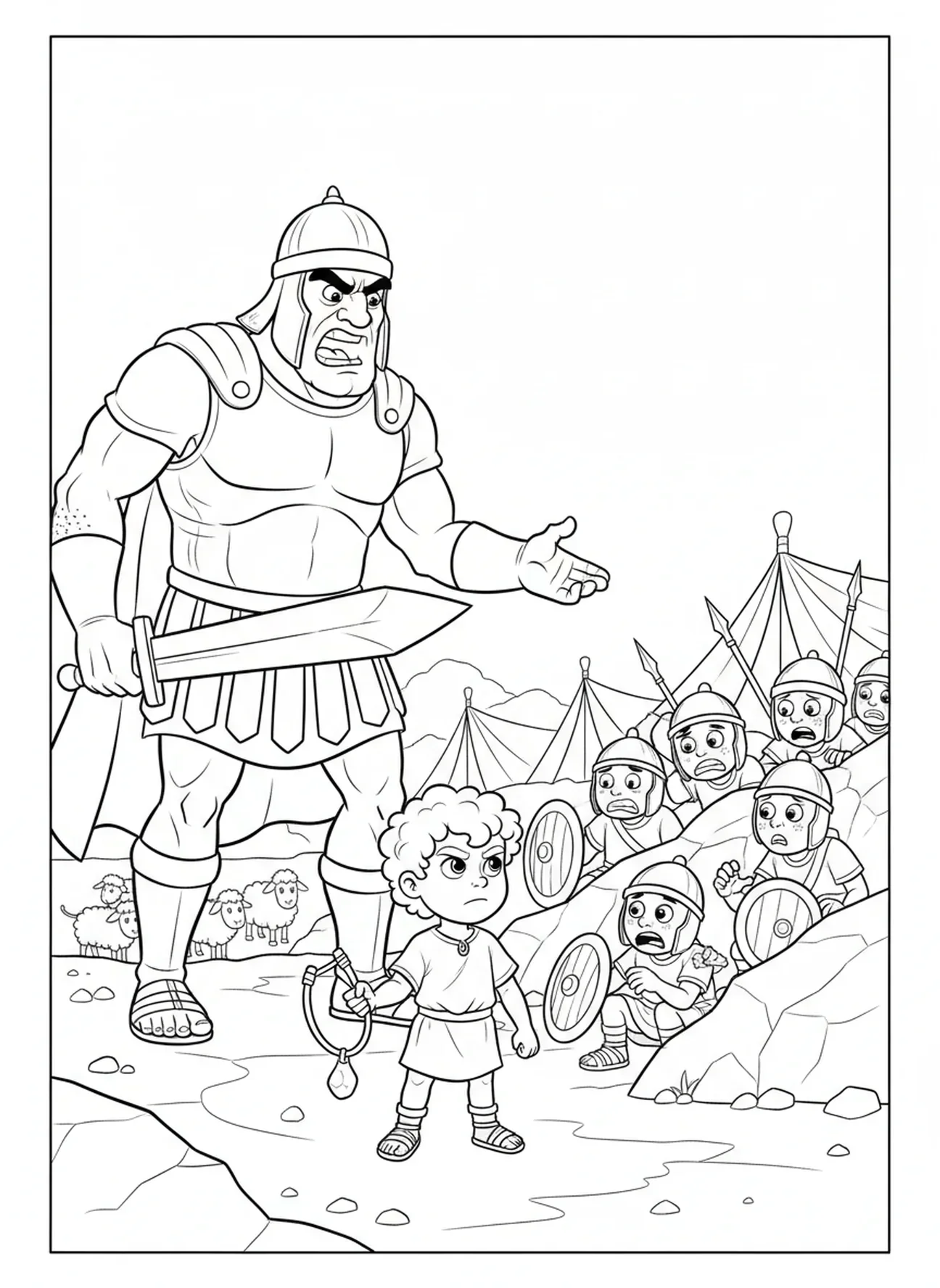 Golias desafiando os israelitas, página para colorir do David e Golias, David arremessando a funda para crianças de 5 a 10 anos.
