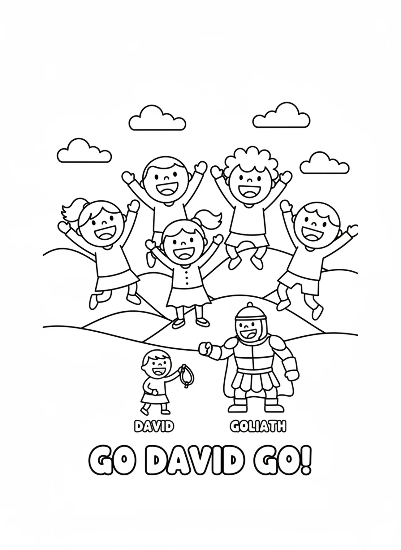 Foule enjouée, David et Goliath, page à colorier de David lançant sa fronde pour les enfants d'âge préscolaire de 3 à 5 ans.