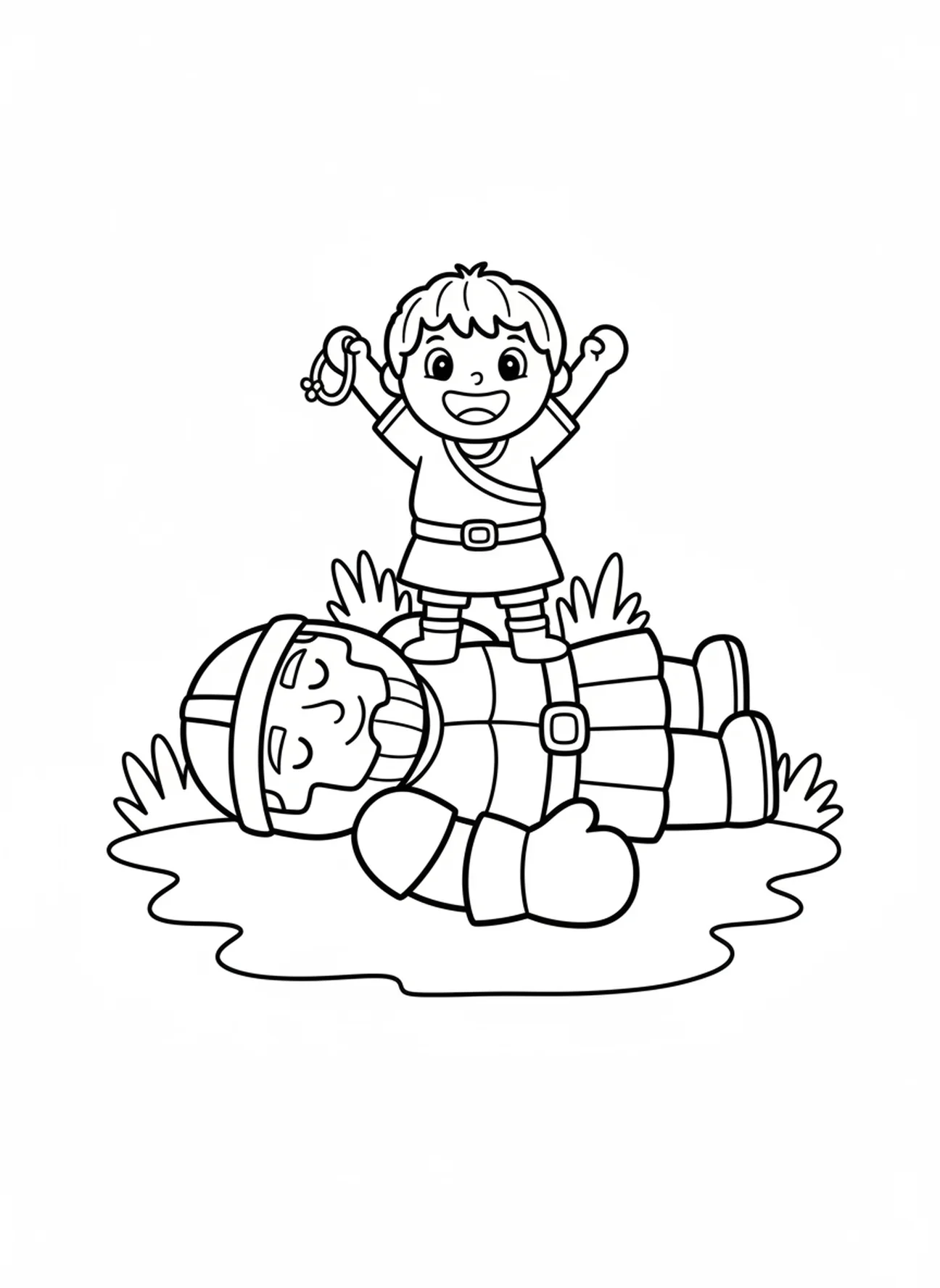 David souriant célébrant, page à colorier de David et Goliath avec David lançant sa fronde pour les enfants d'âge préscolaire de 3 à 5 ans.