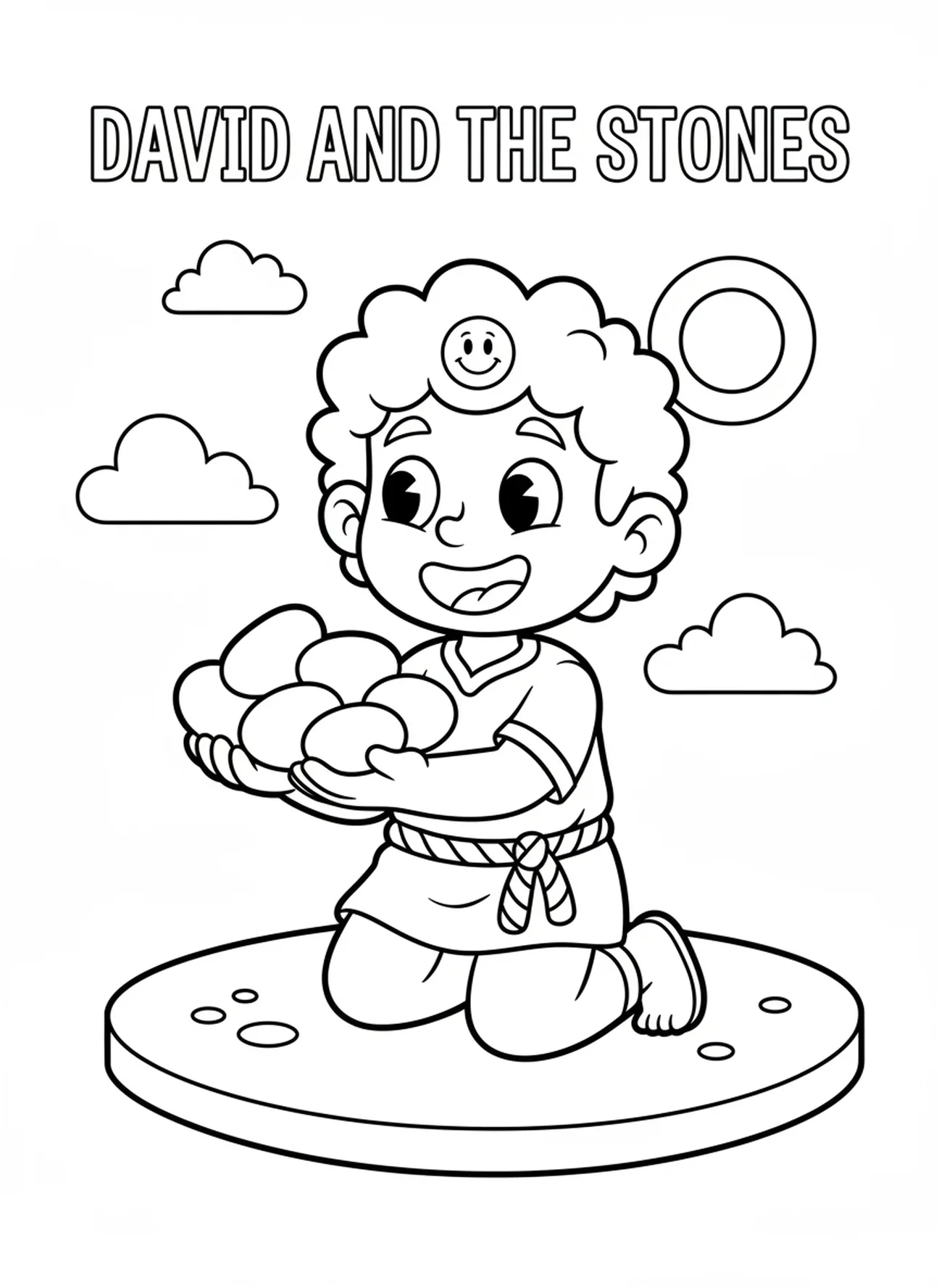 David tenant des pierres, David Goliath David lançant une fronde page à colorier pour les enfants d'âge préscolaire de 3 à 5 ans.
