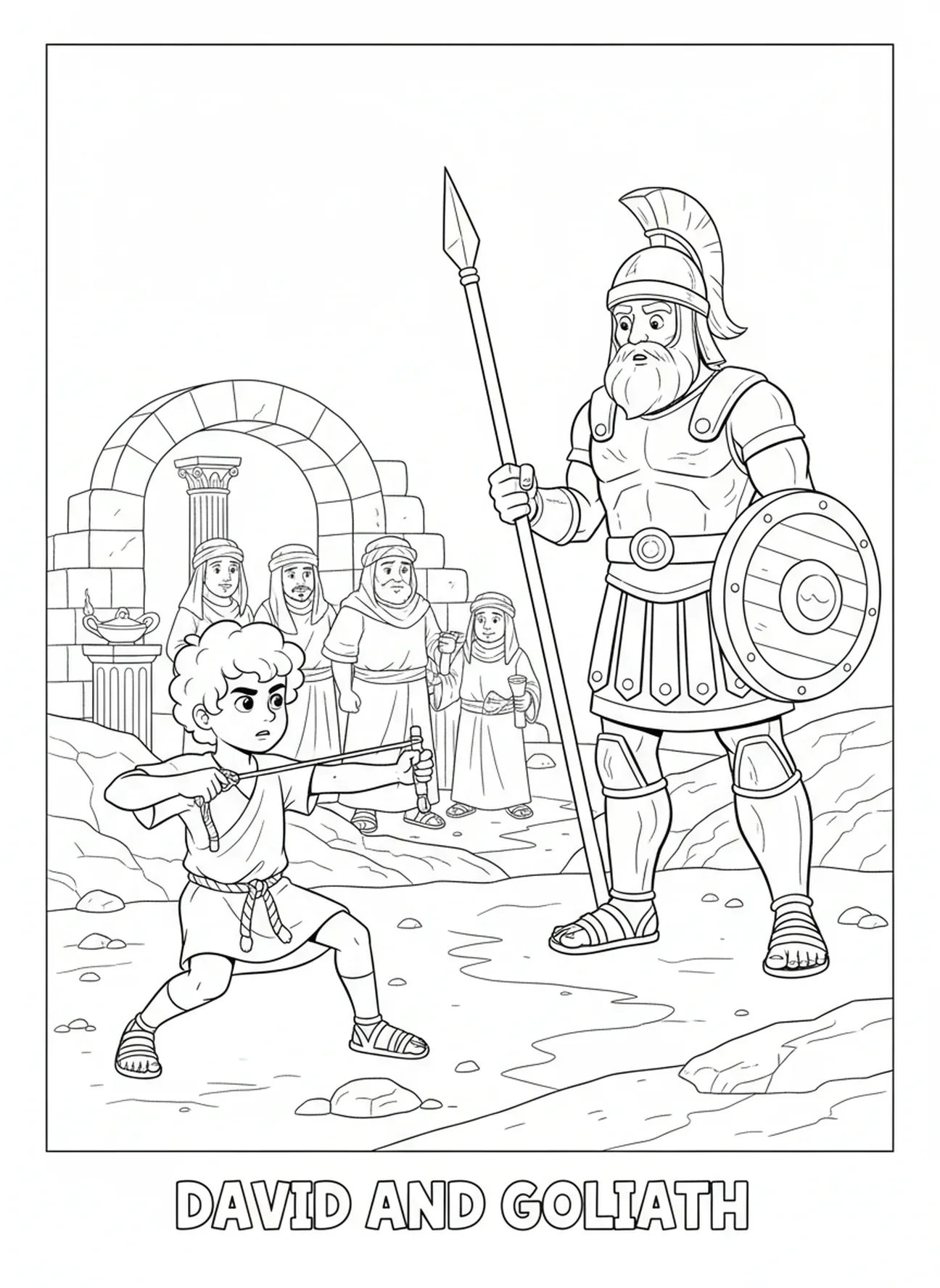 David zielt mit der Schleuder, David gegen Goliath Ausmalbild für die Sonntagsschule für Kinder im Alter von 5-12 Jahren.