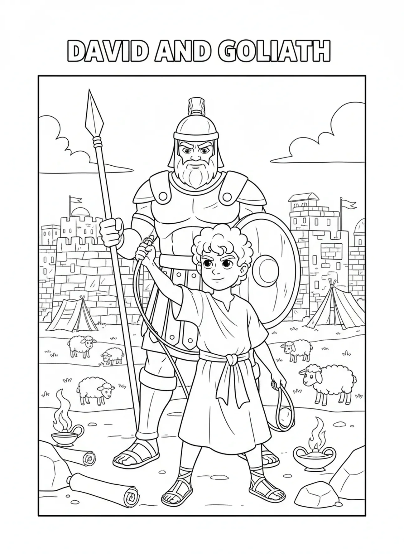 David mit Schleuder, David Goliath David Schleuder werfen Malvorlage für Sonntagsschulkinder im Alter von 5-12 Jahren.