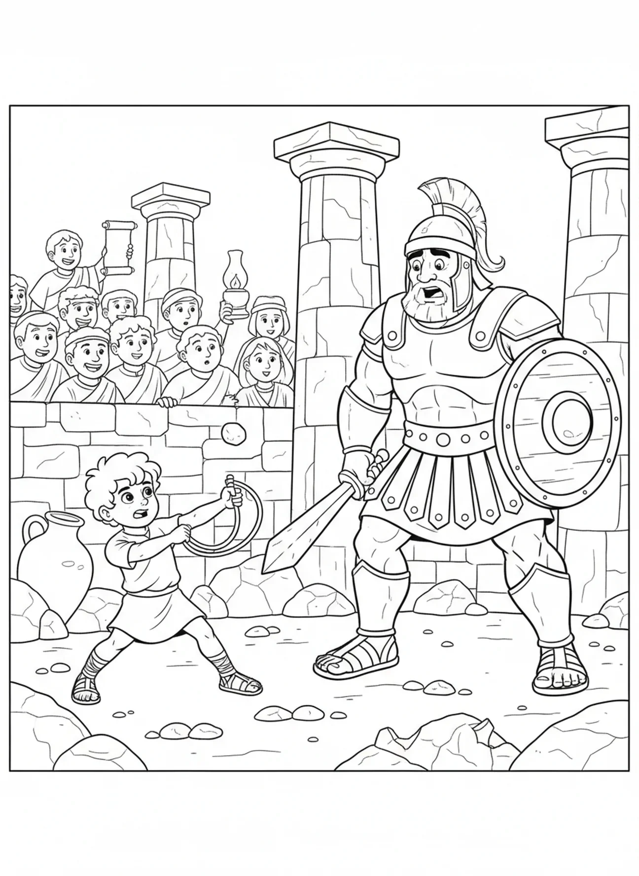 David lässt den Stein los, David gegen Goliath Malvorlage für Sonntagsschulkinder im Alter von 5-12 Jahren.