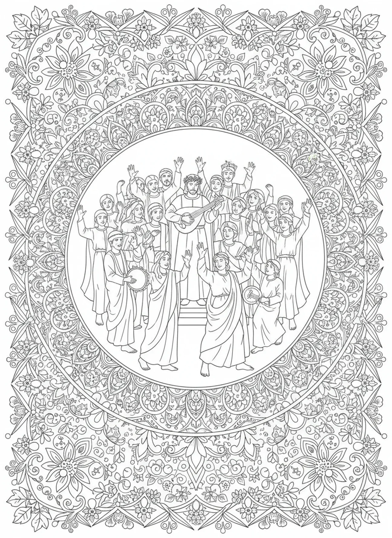 Pessoas celebrando Davi, Davi e Golias, página de colorir de Davi com a espada de gigantes para adultos no estilo de journaling bíblico