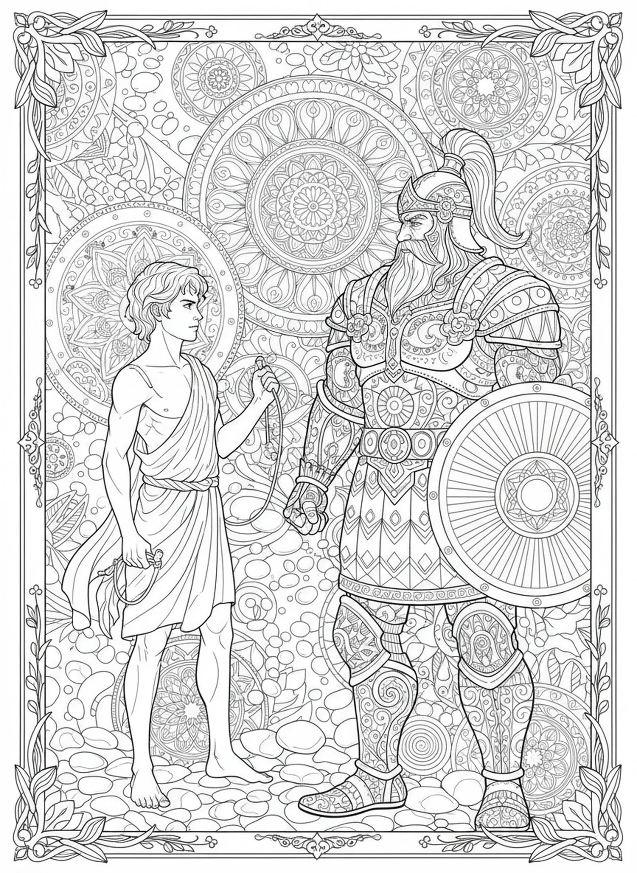 Davi confrontando Golias, página para colorir Davi Golias Davi com a espada dos gigantes estilo de journaling bíblico para adultos
