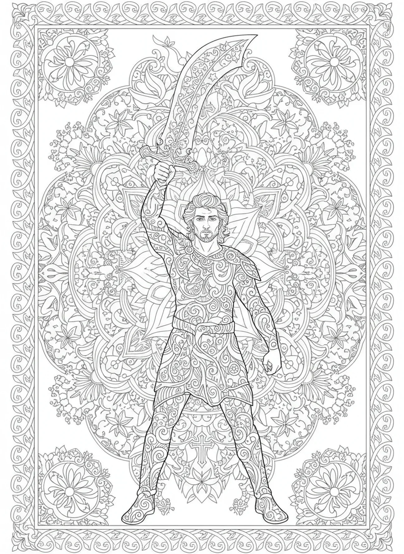 Davi segurando a espada de Golias, página para colorir Davi Golias com a espada dos gigantes para adultos no estilo de journaling bíblico