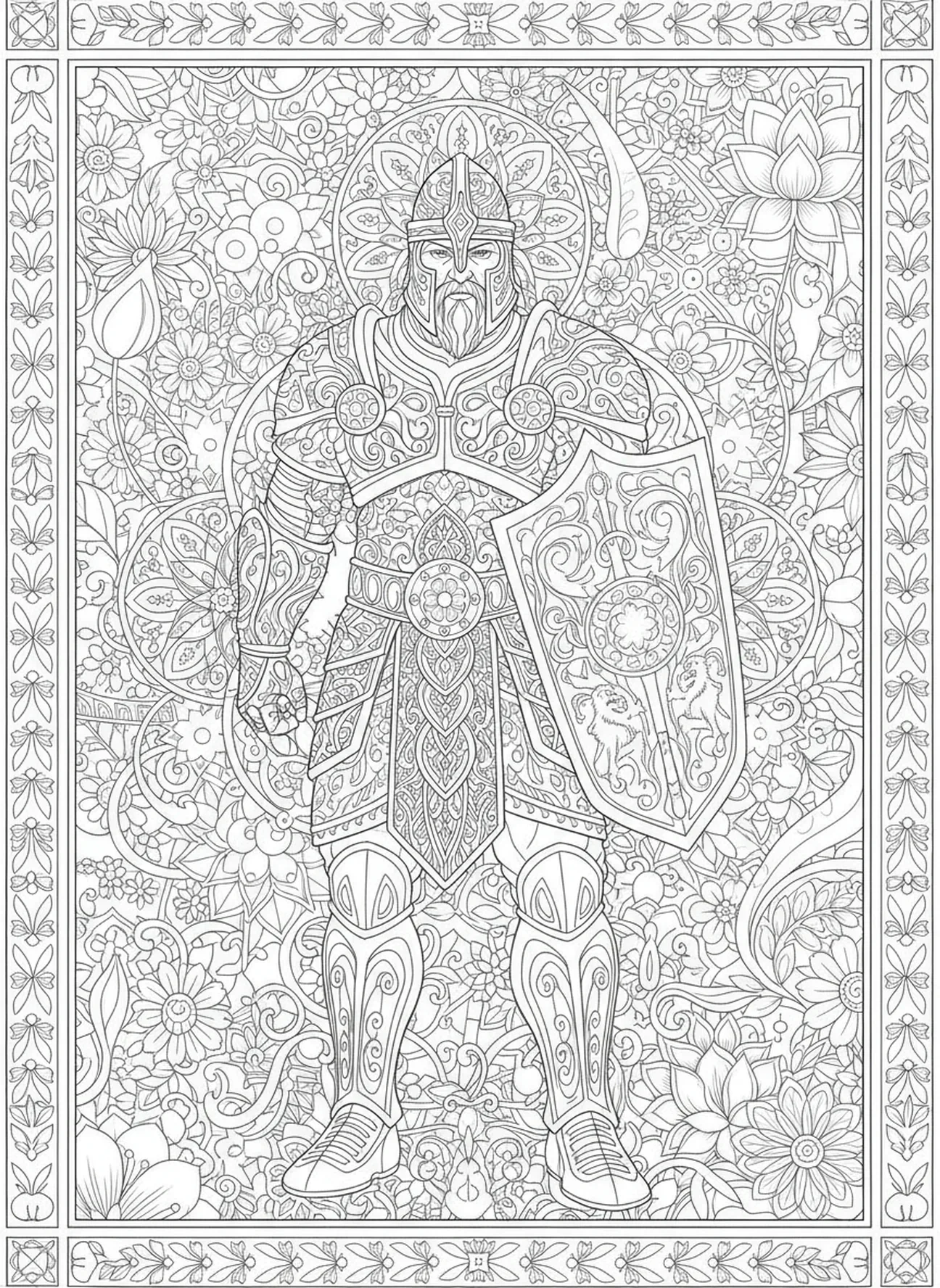 Golias em armadura intricada, Davi e Golias com a espada dos gigantes página para colorir para adultos estilo de diário bíblico