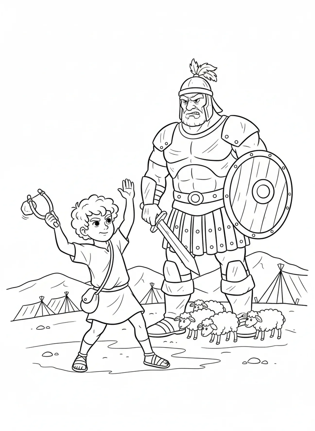 Davi balançando a funda, Davi e Golias, página de colorir para crianças de 5 a 10 anos