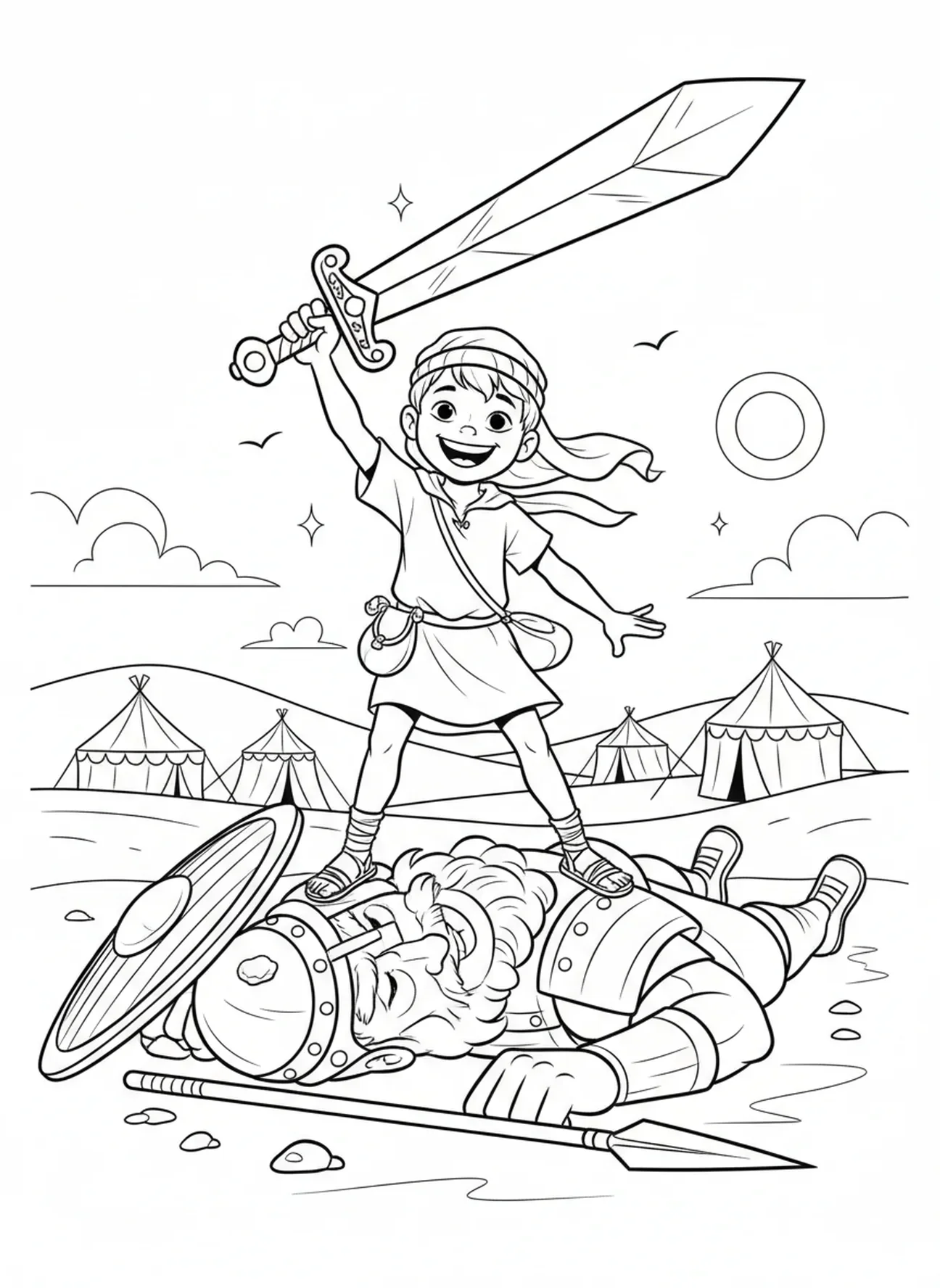 Davi segurando a espada, página para colorir Davi e Golias para crianças de 5 a 10 anos