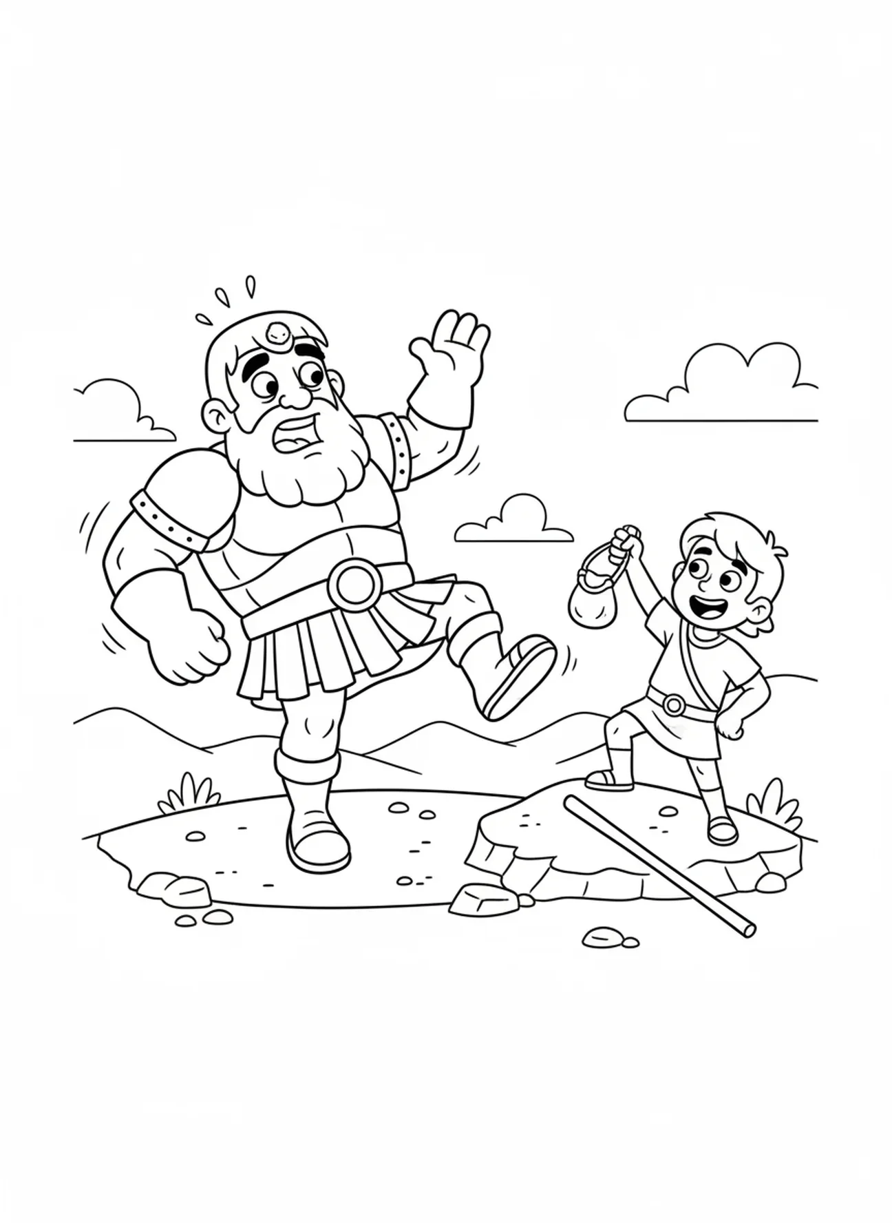 Golias caindo, Davi com a espada dos gigantes página para colorir para crianças de 5 a 10 anos
