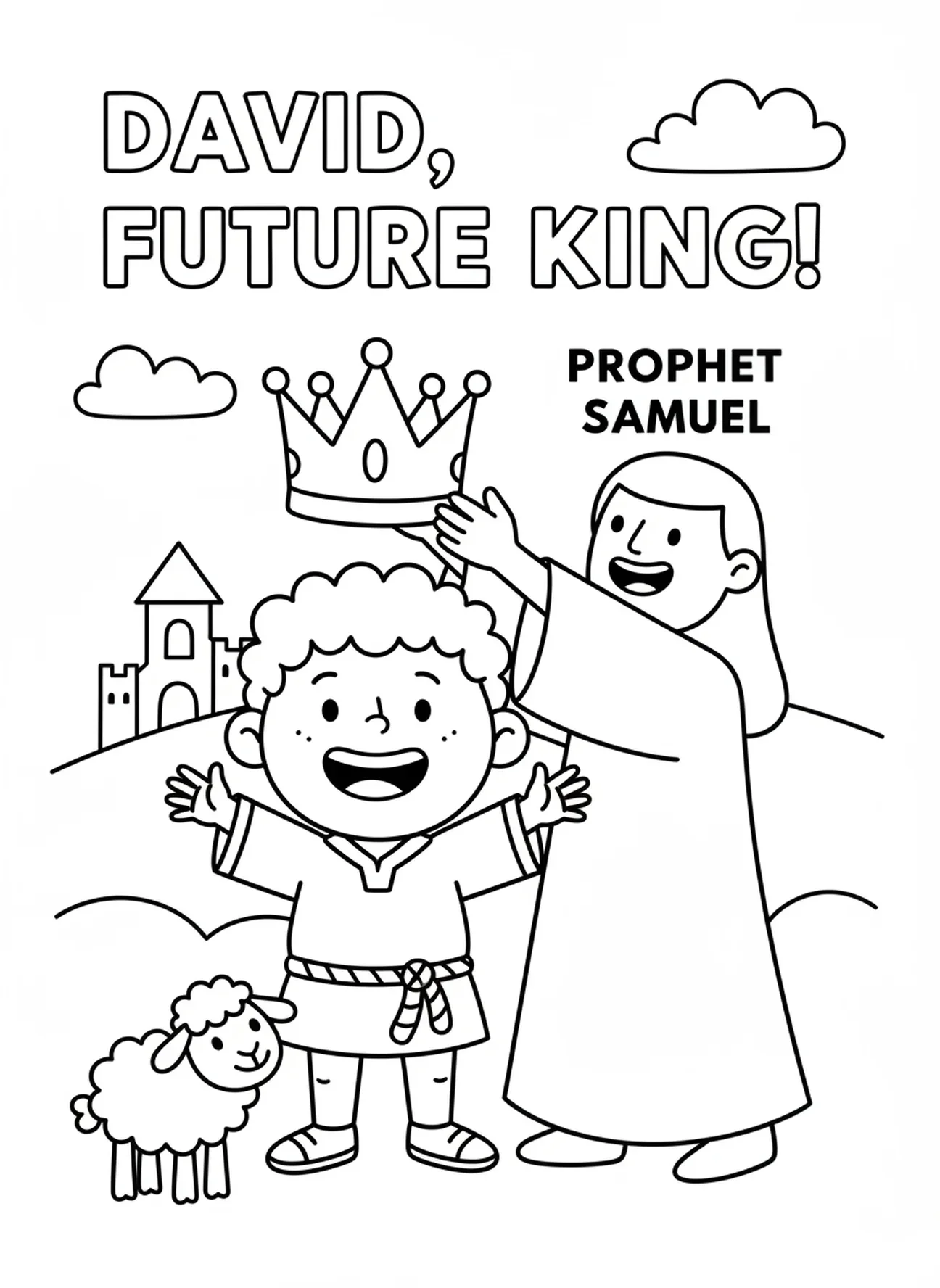 David erhält die Krone, David Goliath David mit dem Schwert der Riesen Ausmalbild für Vorschulkinder im Alter von 3-5 Jahren.