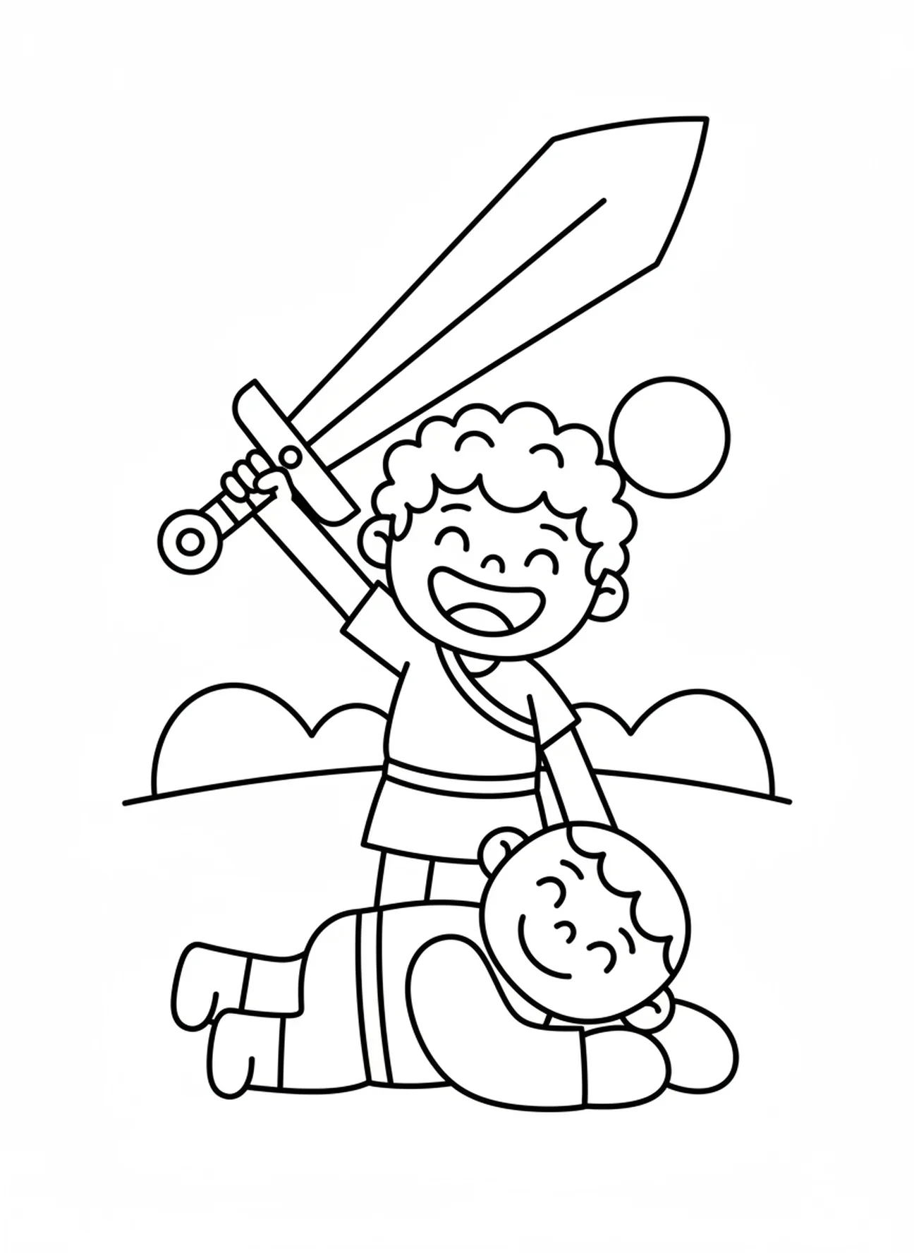 David mit Schwert, David Goliath David mit dem Schwert des Riesen Ausmalbild für Vorschulkinder im Alter von 3-5 Jahren.
