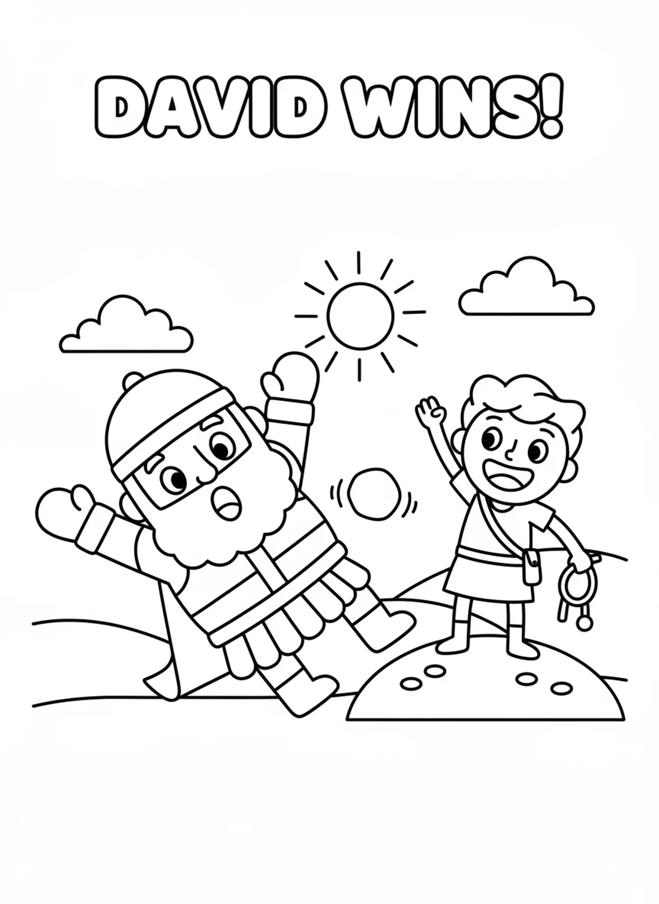 Goliath fällt zu Boden, David mit dem Schwert des Riesen - Ausmalbild für Vorschulkinder im Alter von 3-5 Jahren.