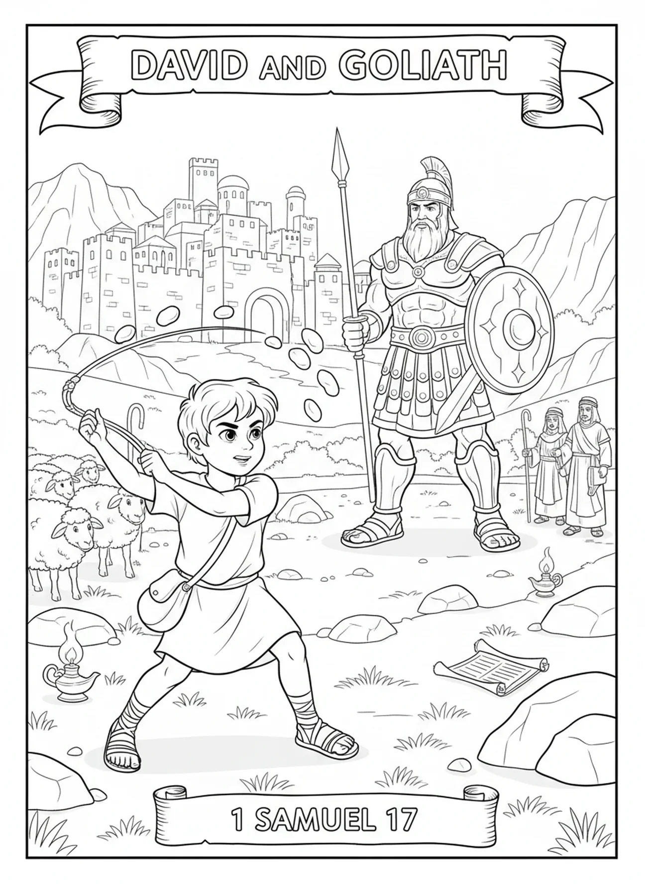 David schwingt seine Schleuder, David gegen Goliath, Ausmalbild für Sonntagsschule Kinder im Alter von 5-12 Jahren.