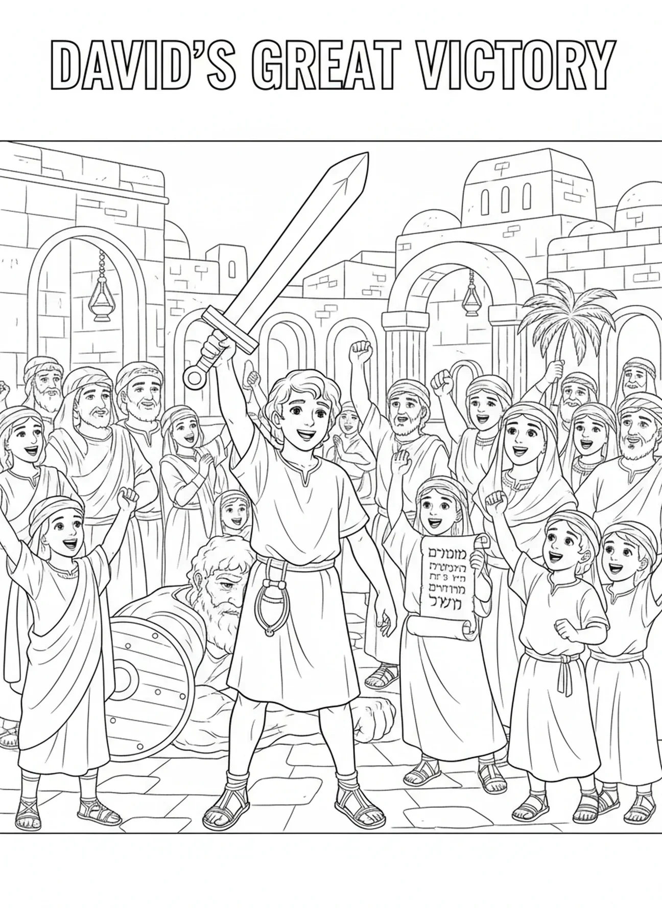 David hält das Schwert von Goliath, Ausmalbild für die Sonntagsschule für Kinder im Alter von 5-12 Jahren.