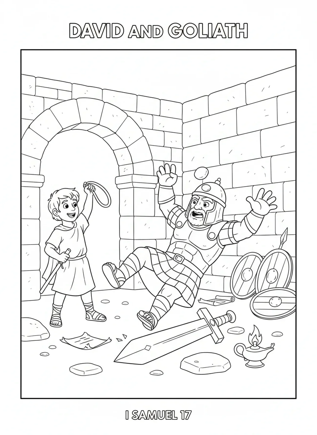 Goliath fällt, David mit der Riesen-Schwert Ausmalbild für die Sonntagsschule Kinder im Alter von 5-12 Jahren.