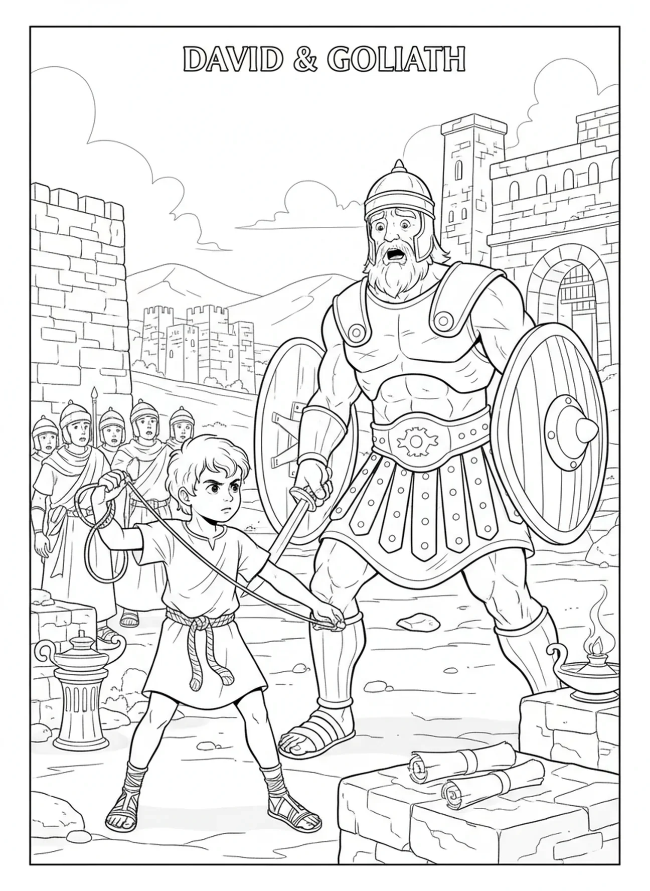 David zielt mit der Schleuder, David gegen Goliath Ausmalbild für die Sonntagsschule für Kinder im Alter von 5-12 Jahren.