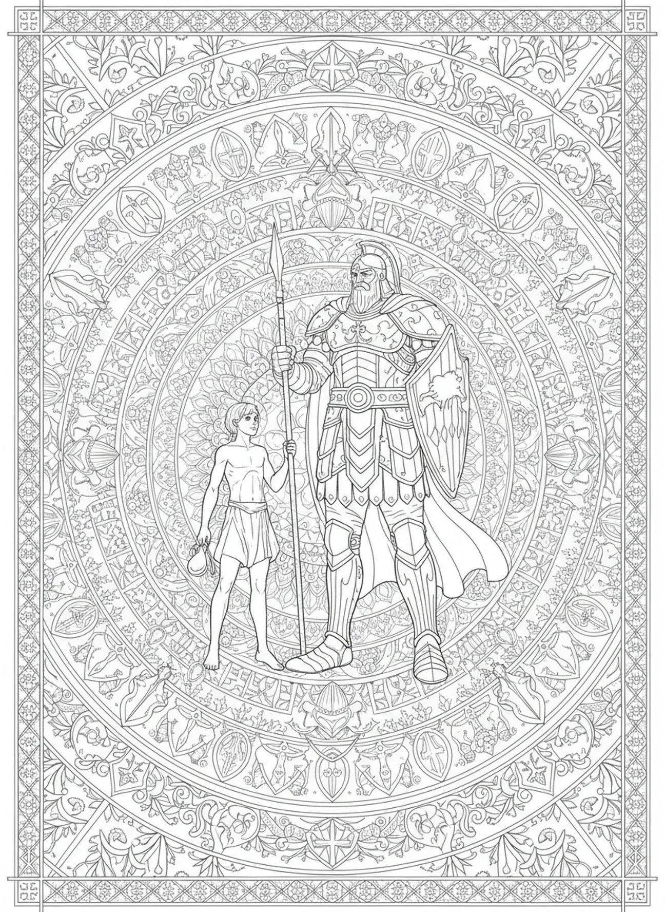 Der junge David steht dem riesigen Goliath gegenüber, Ausmalbild für Erwachsene im Stil des Bibel-Journalings.
