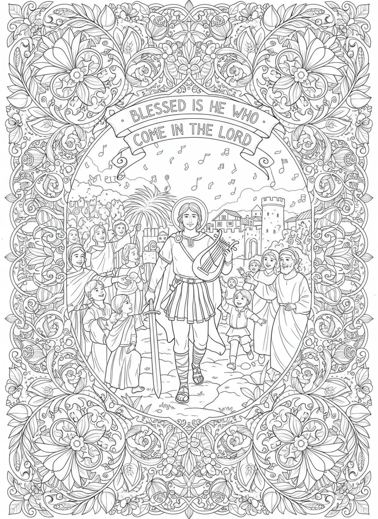 David kehrt als Held zurück, David Goliath Goliath fällt Malvorlage für Erwachsene im Bibel-Journaling-Stil.