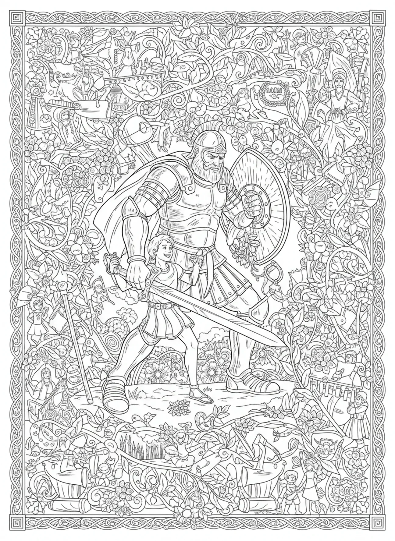 Goliath fällt, David Goliath Goliath fällt Ausmalbild für Erwachsene im Bibel-Journaling-Stil.