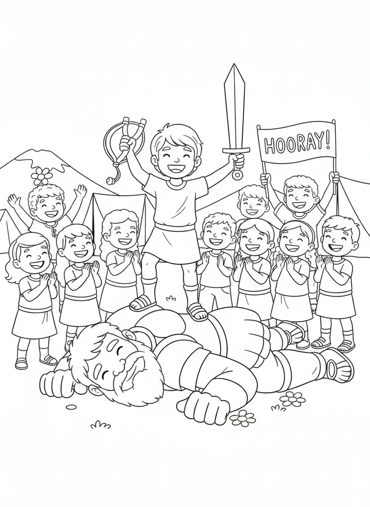 Niños animando a David, página para colorear de David y Goliat, Goliat cayendo, para niños de 5 a 10 años