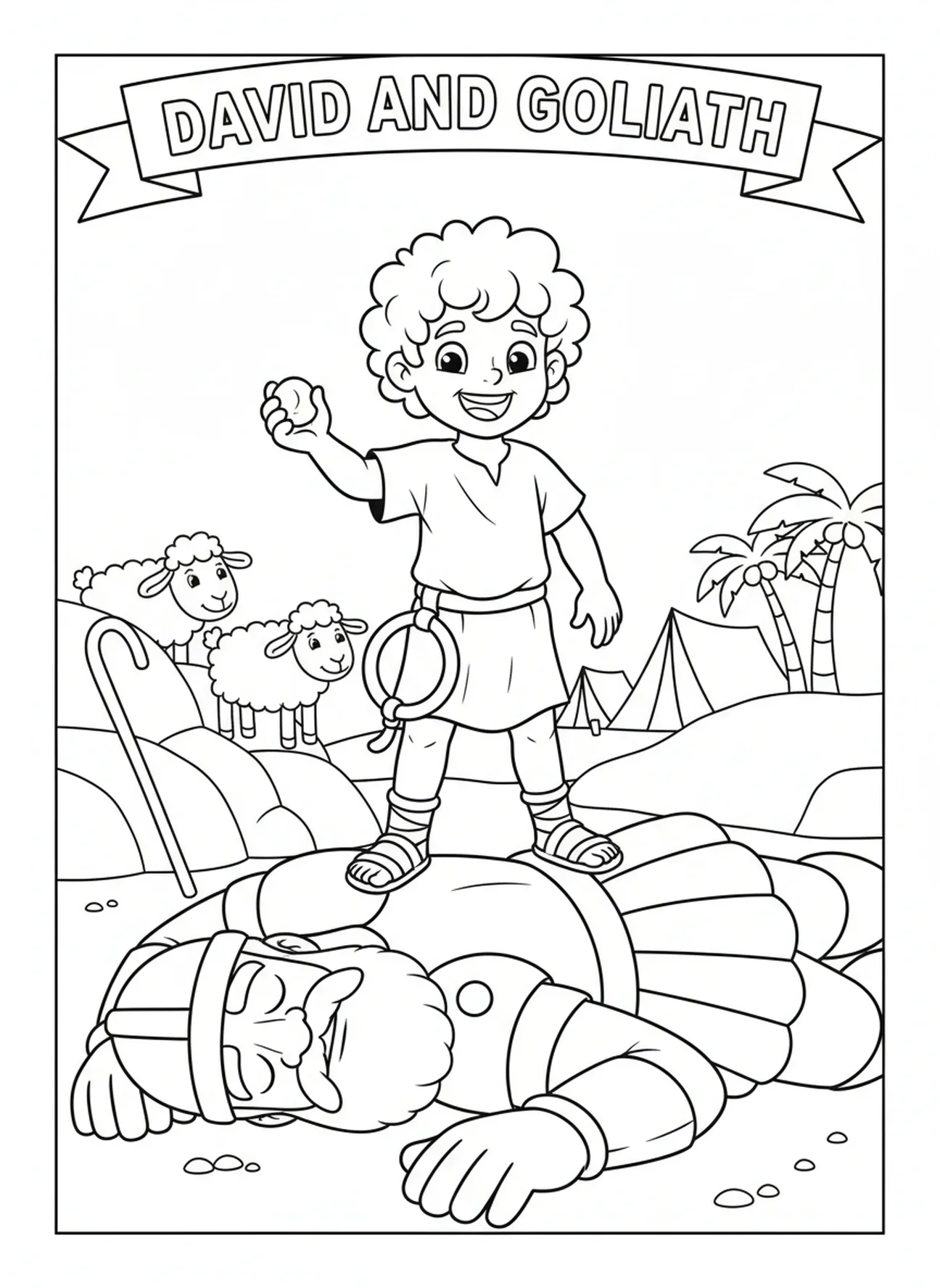 David sosteniendo la piedra, página para colorear de David y Goliat, Goliat cayendo, para niños de 5 a 10 años