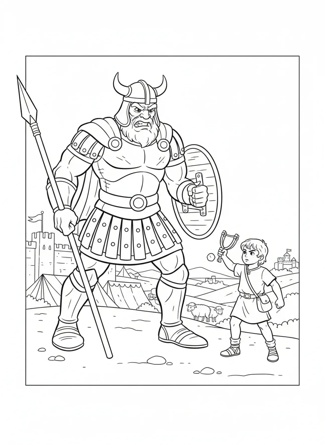 Goliat armado, David Goliat Goliat cayendo página para colorear para niños de 5 a 10 años