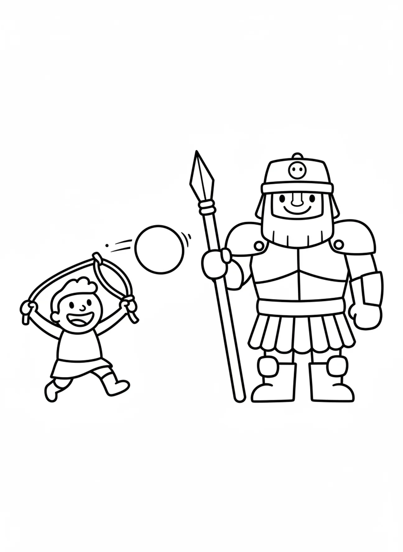 Davi lançando uma pedra, página de colorir Davi e Golias, Golias caindo para crianças de 3 a 5 anos.